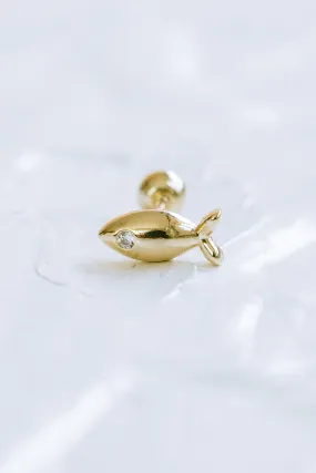 14K GOLD JEWELRY MINIMALIST DELICATE CZ BOLD FISH BARBELL EAR STUD EARRING PIERCING