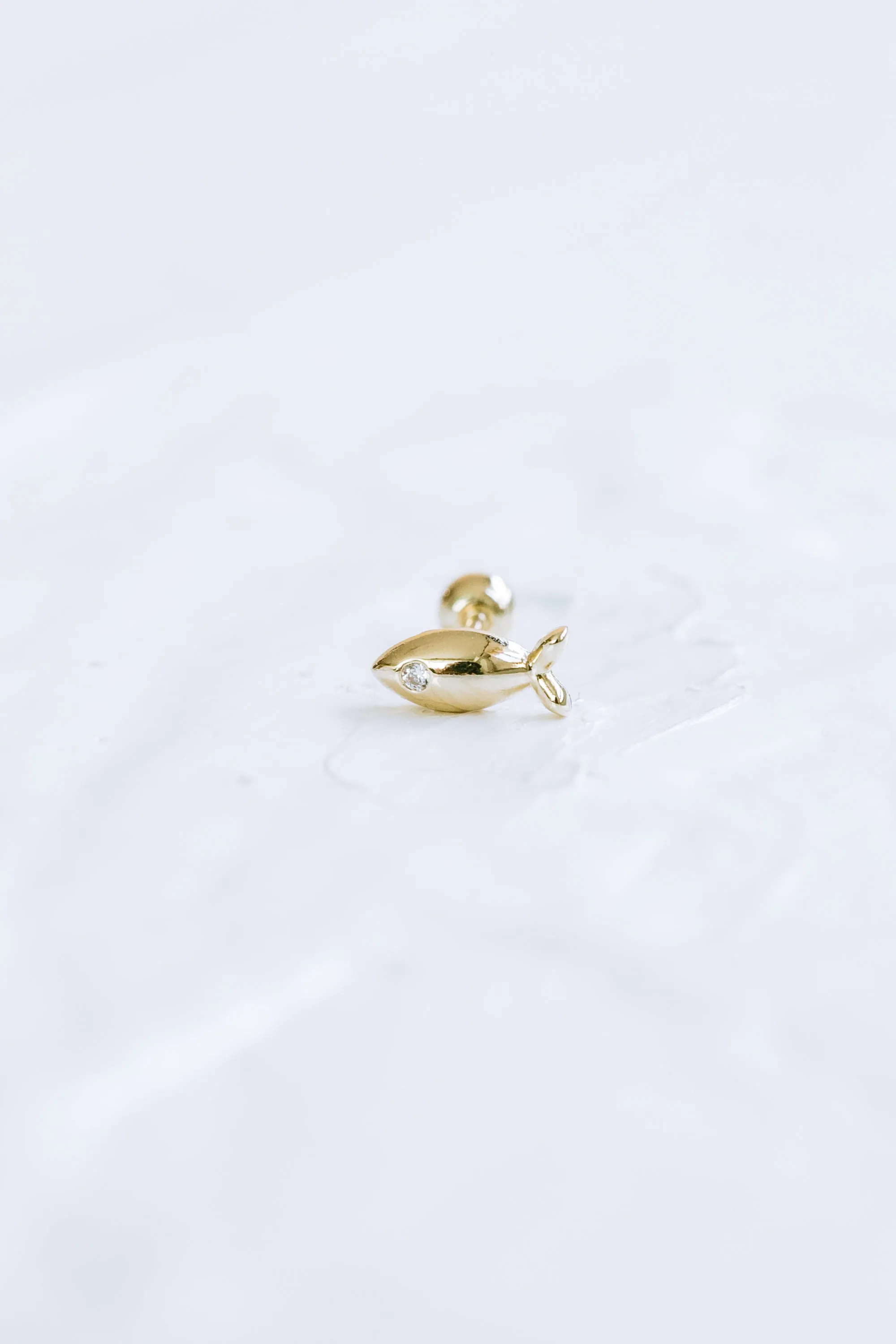 14K GOLD JEWELRY MINIMALIST DELICATE CZ BOLD FISH BARBELL EAR STUD EARRING PIERCING