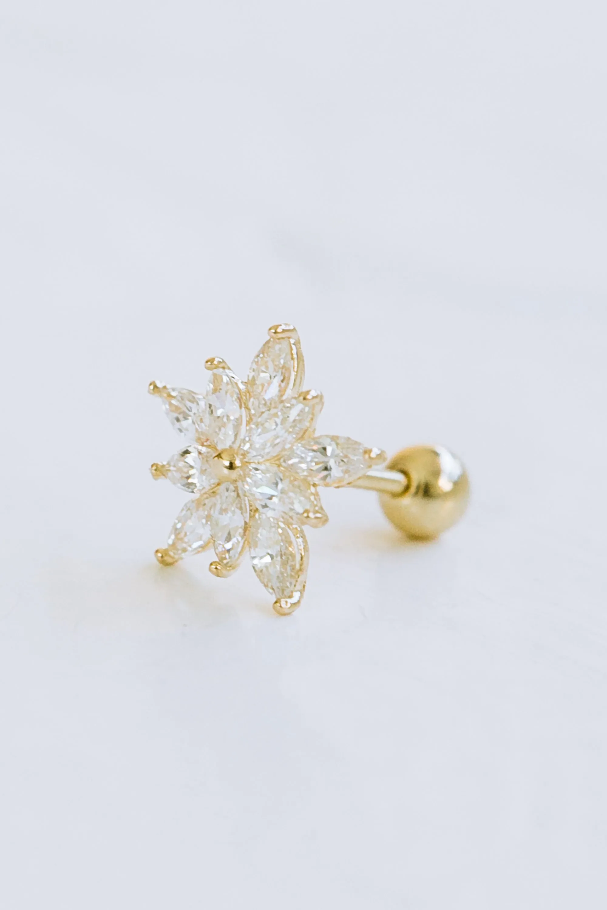 14K GOLD JEWELRY MINIMALIST DELICATE CZ SNOWFLAKE FLOWER BARBELL EAR STUD EARRING PIERCING