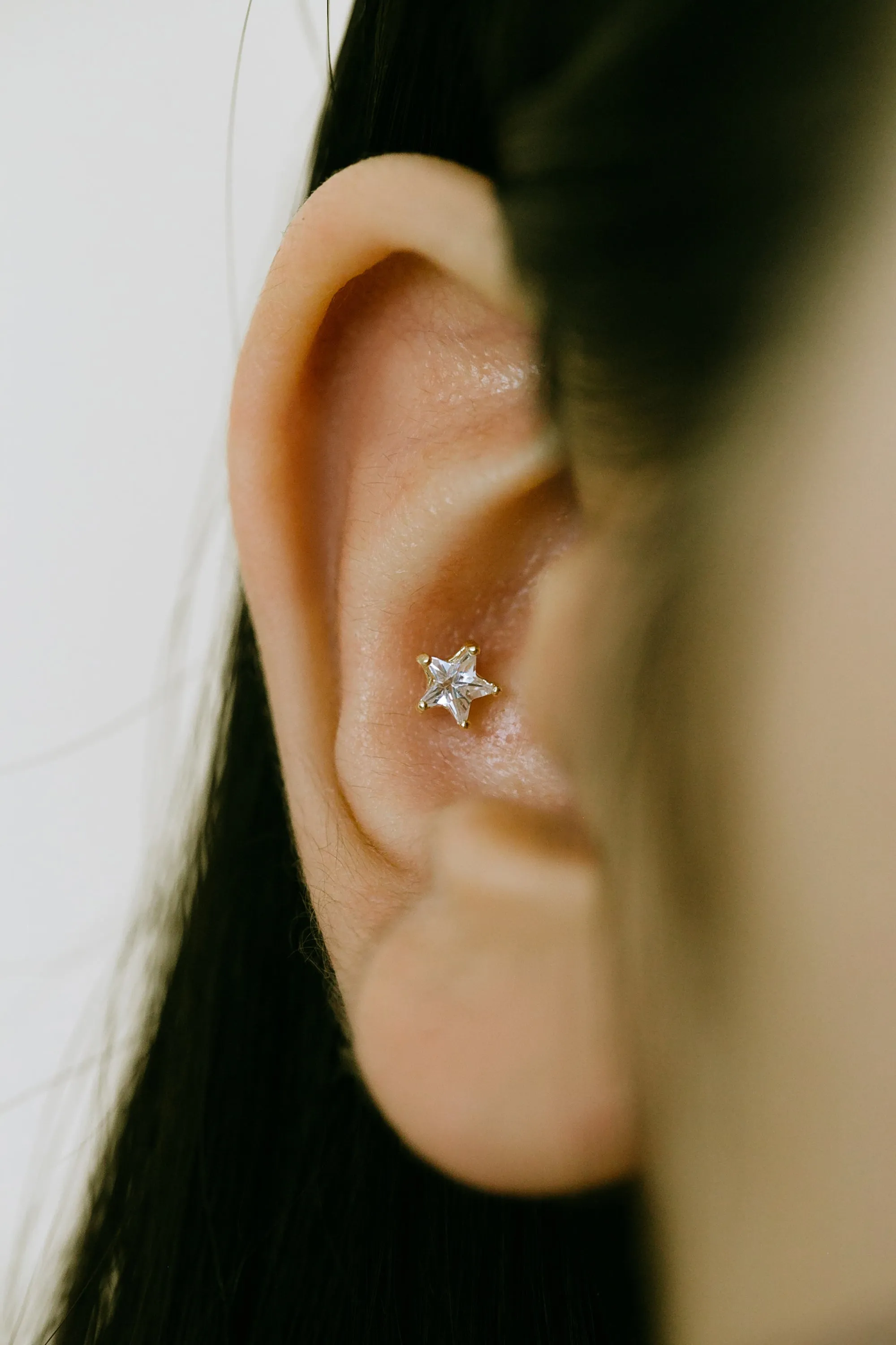 14K GOLD JEWELRY MINIMALIST DELICATE CZ STAR BARBELL EAR STUD EARRING PIERCING