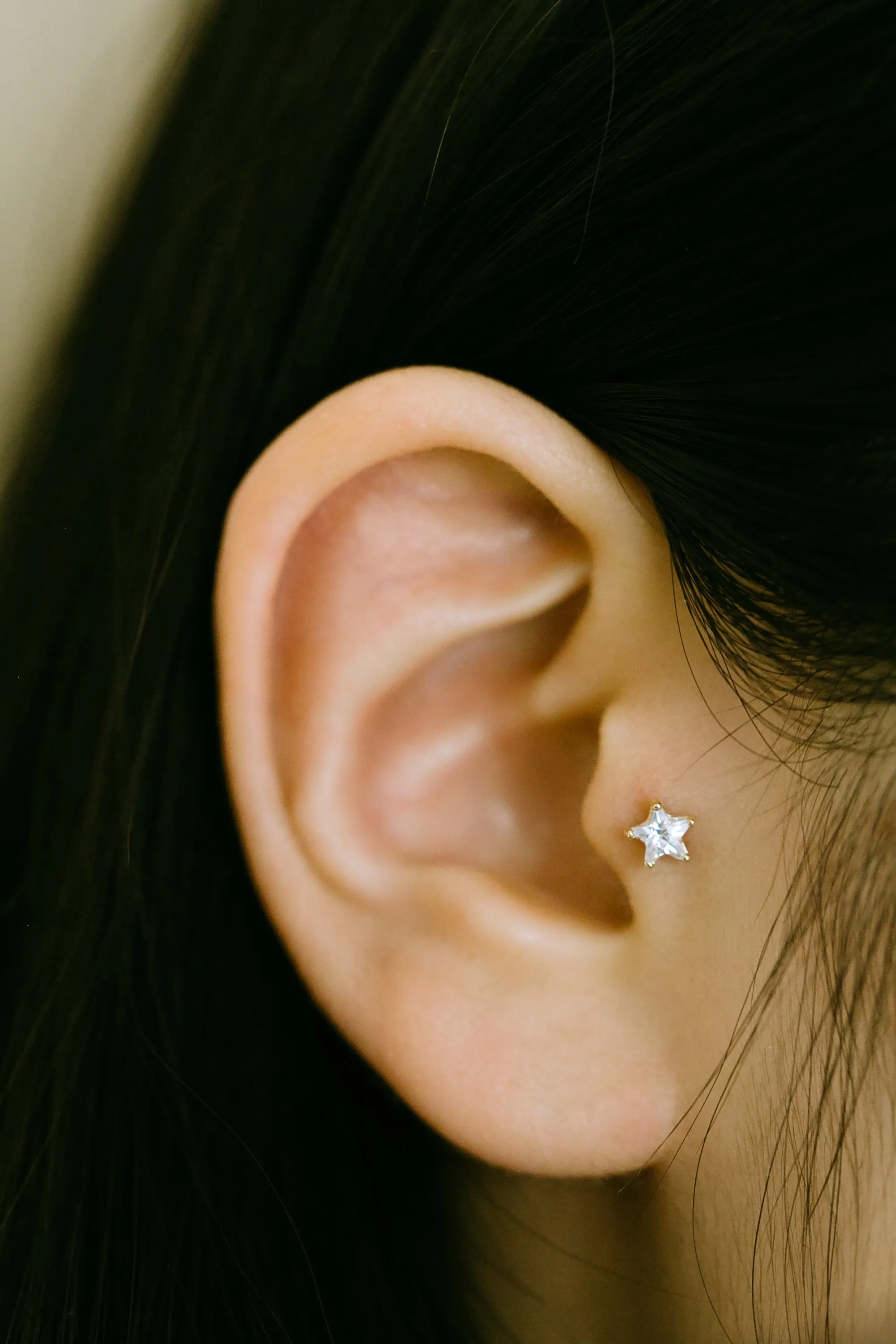 14K GOLD JEWELRY MINIMALIST DELICATE CZ STAR BARBELL EAR STUD EARRING PIERCING