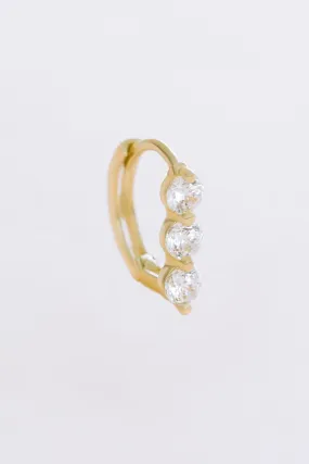 14K Solid Gold Jewelry Bling Triple Cz Bar Earring Hoop Ring