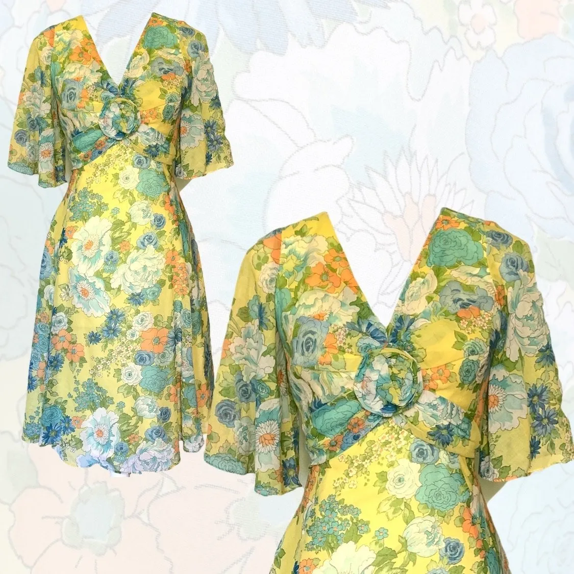 1960s Floral Summer Midi Dress by Miss Elliette with a Green, Blue and Yellow Floral Design.