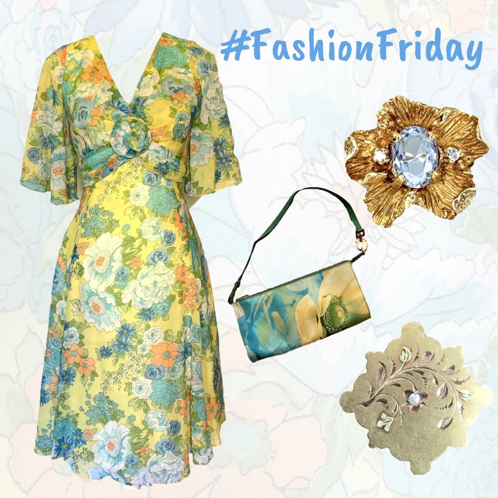 1960s Floral Summer Midi Dress by Miss Elliette with a Green, Blue and Yellow Floral Design.