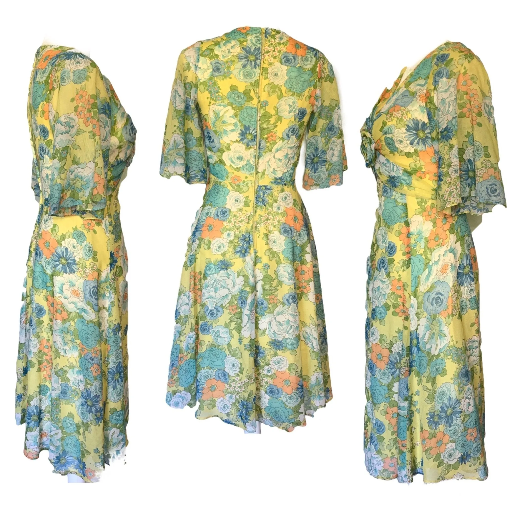 1960s Floral Summer Midi Dress by Miss Elliette with a Green, Blue and Yellow Floral Design.