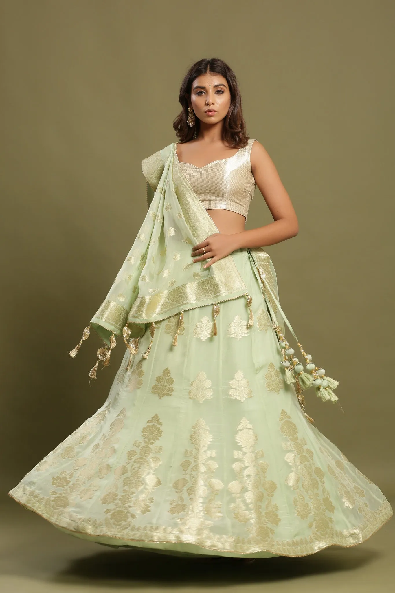 30Z230-RO Green Silk Lehenga Set With Tassels