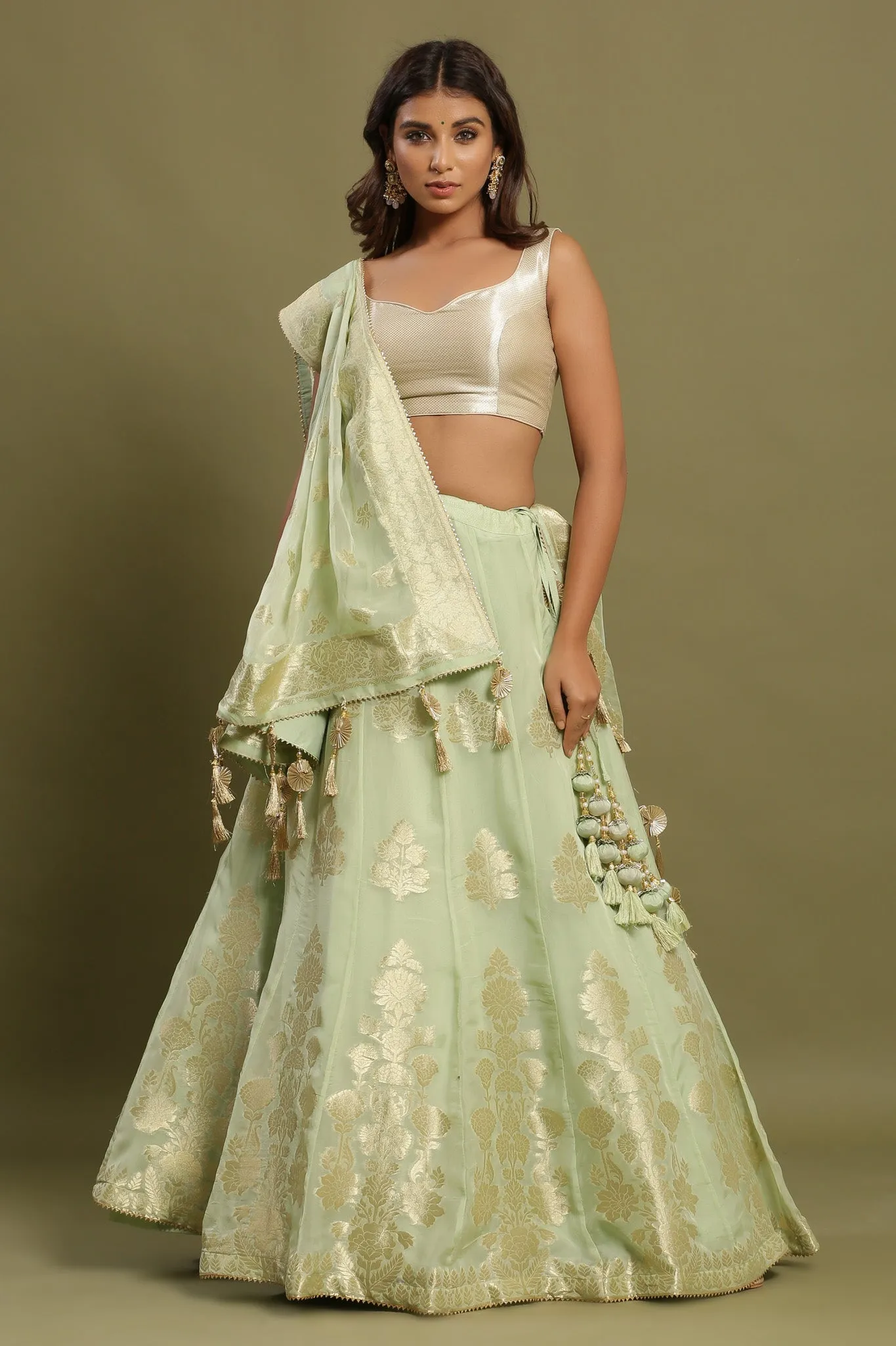 30Z230-RO Green Silk Lehenga Set With Tassels