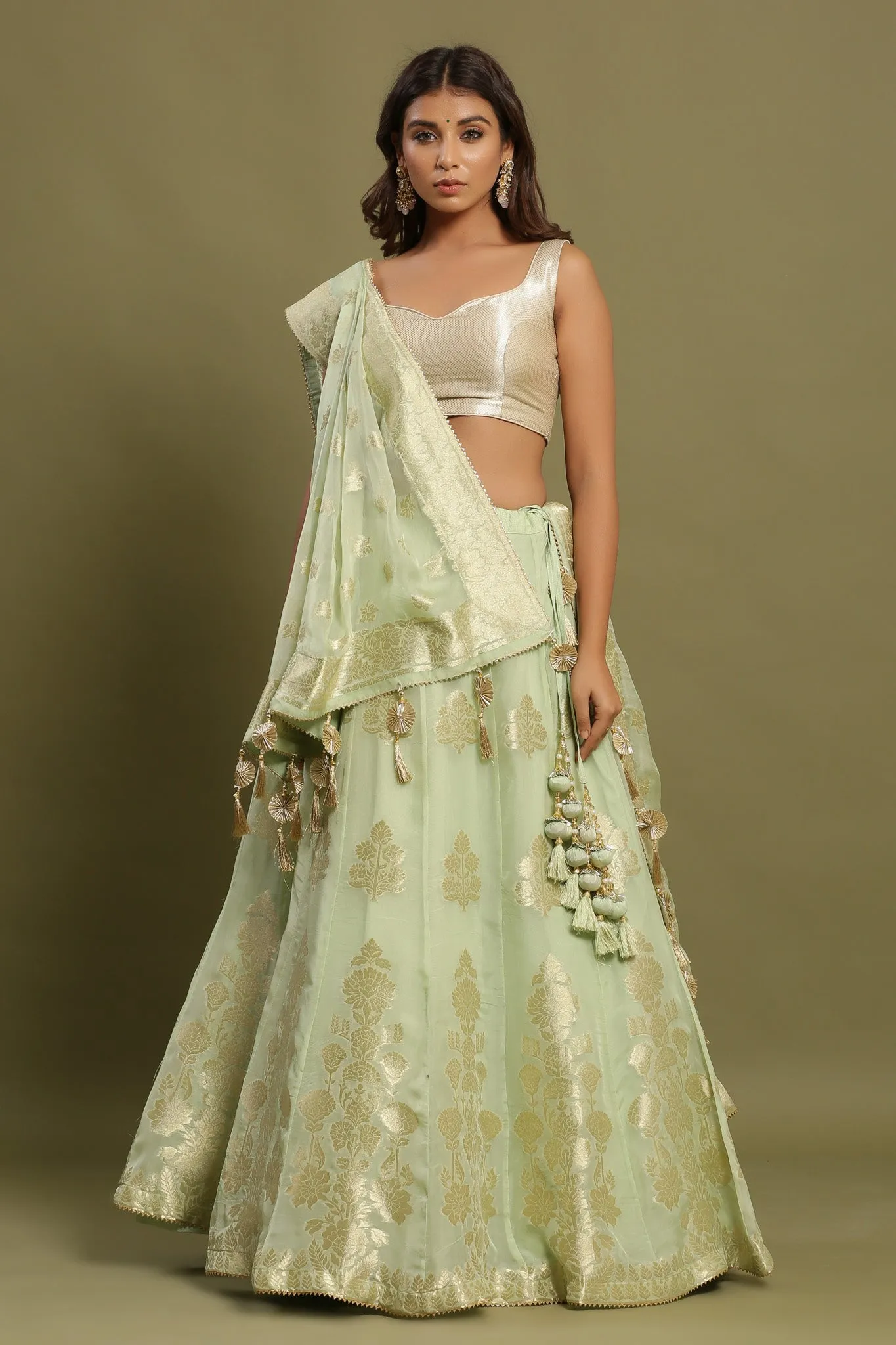 30Z230-RO Green Silk Lehenga Set With Tassels