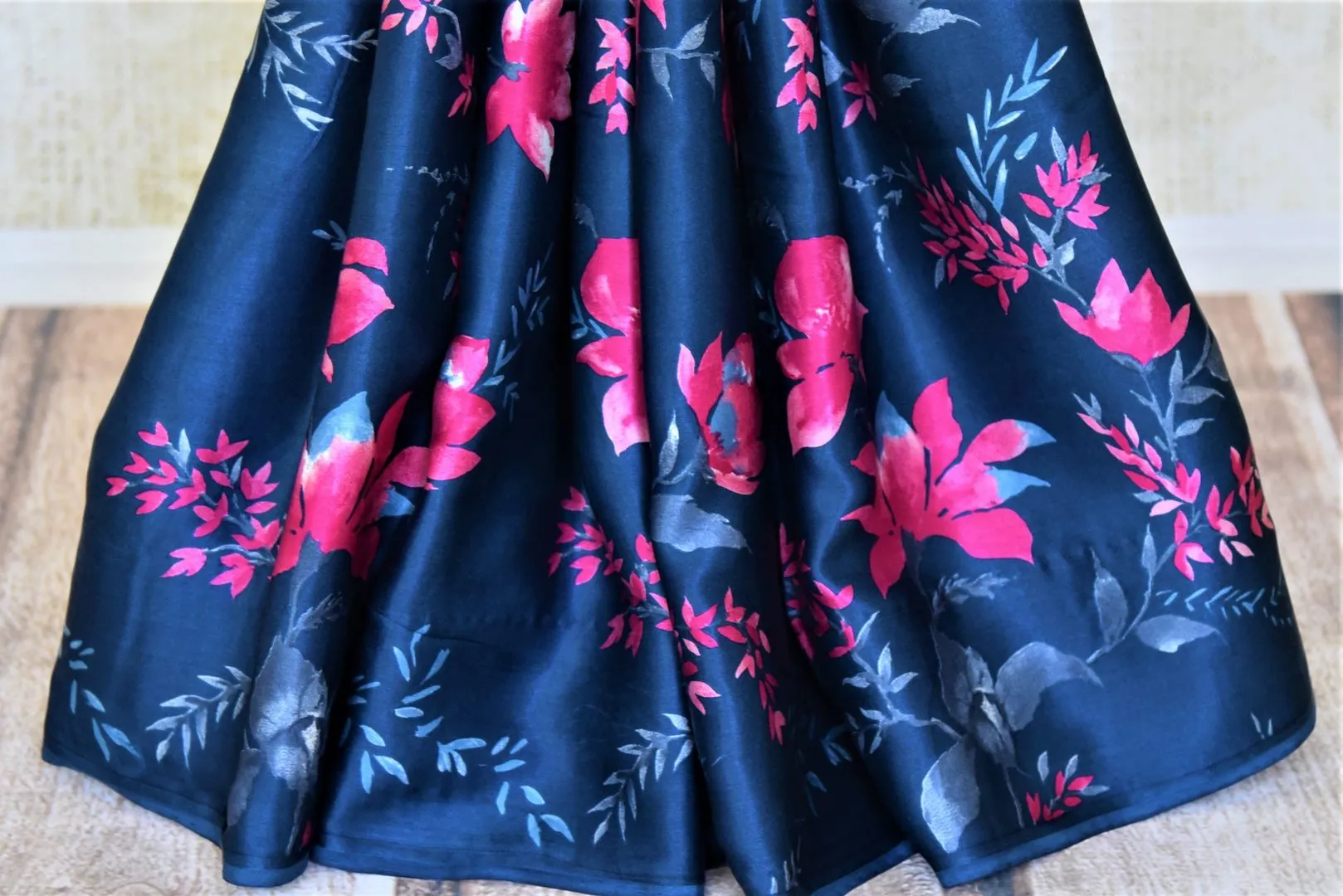 90I762-RO Navy Blue Crepe Silk Sari with Pink Floral Print