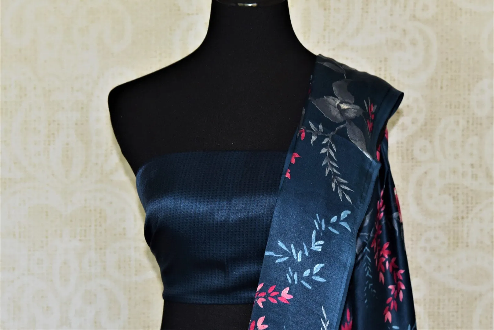 90I762-RO Navy Blue Crepe Silk Sari with Pink Floral Print