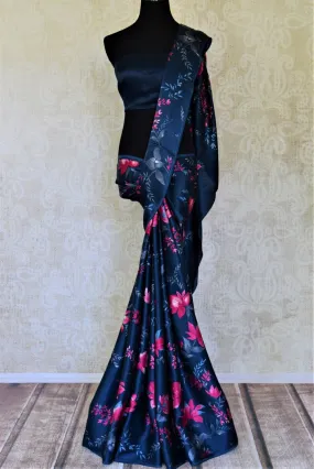 90I762-RO Navy Blue Crepe Silk Sari with Pink Floral Print