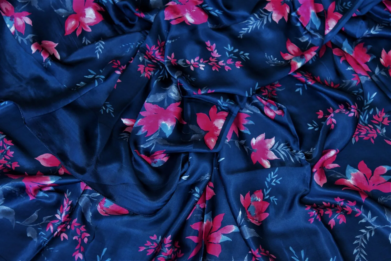 90I762-RO Navy Blue Crepe Silk Sari with Pink Floral Print