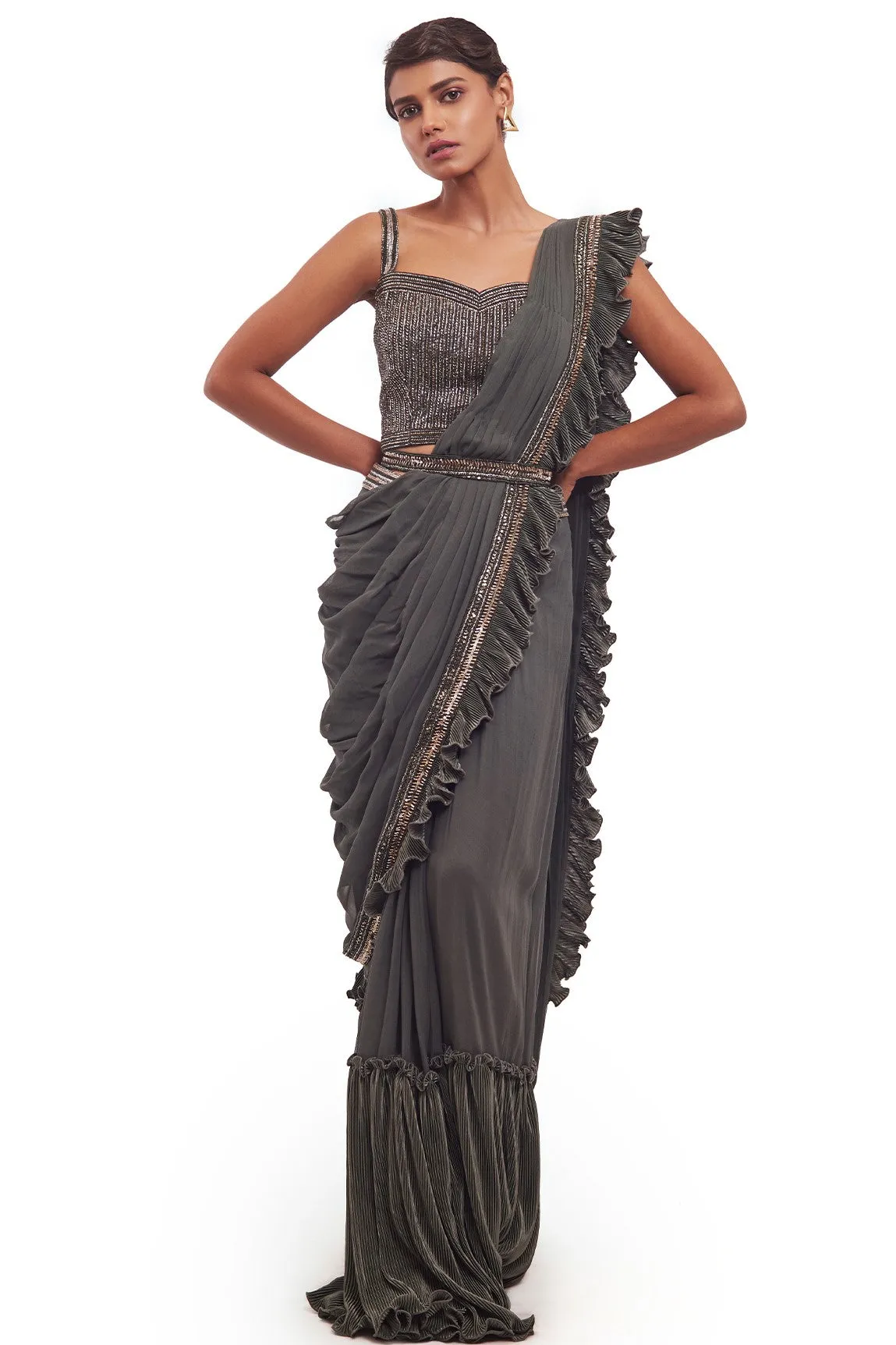 90Y029-RO Dusty Green Ruffle Georgette Lycra Saree with Belt