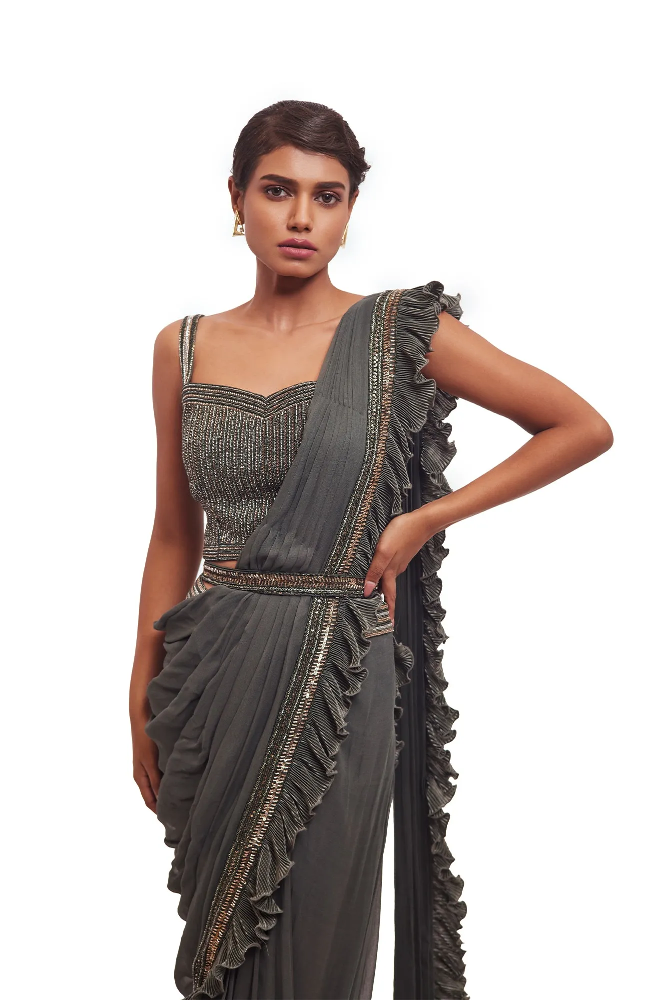 90Y029-RO Dusty Green Ruffle Georgette Lycra Saree with Belt