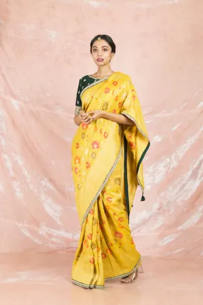 90Z090-RO Yellow Embroidered Handloom Sari with Embroidered Green Blouse