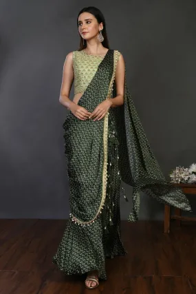 90Z260-RO Dark Green Designer Drape Saree with Blouse