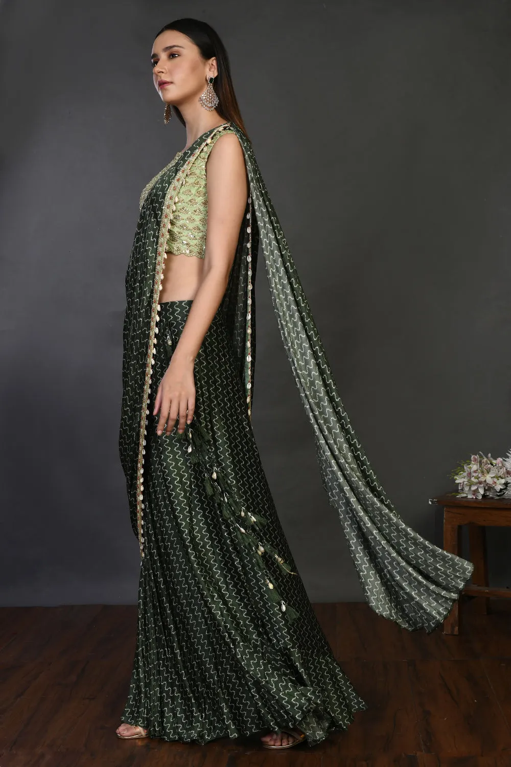 90Z260-RO Dark Green Designer Drape Saree with Blouse