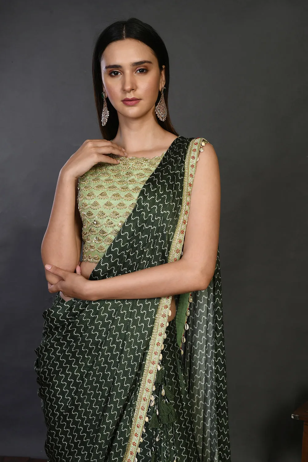 90Z260-RO Dark Green Designer Drape Saree with Blouse