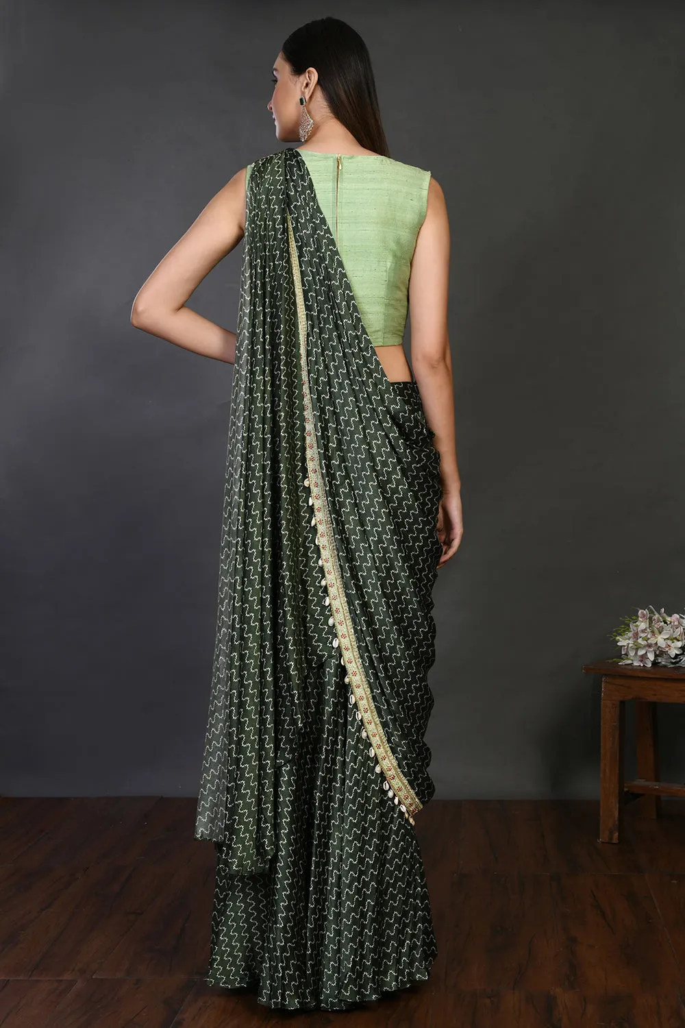 90Z260-RO Dark Green Designer Drape Saree with Blouse