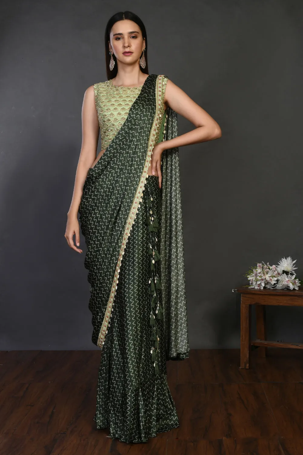 90Z260-RO Dark Green Designer Drape Saree with Blouse