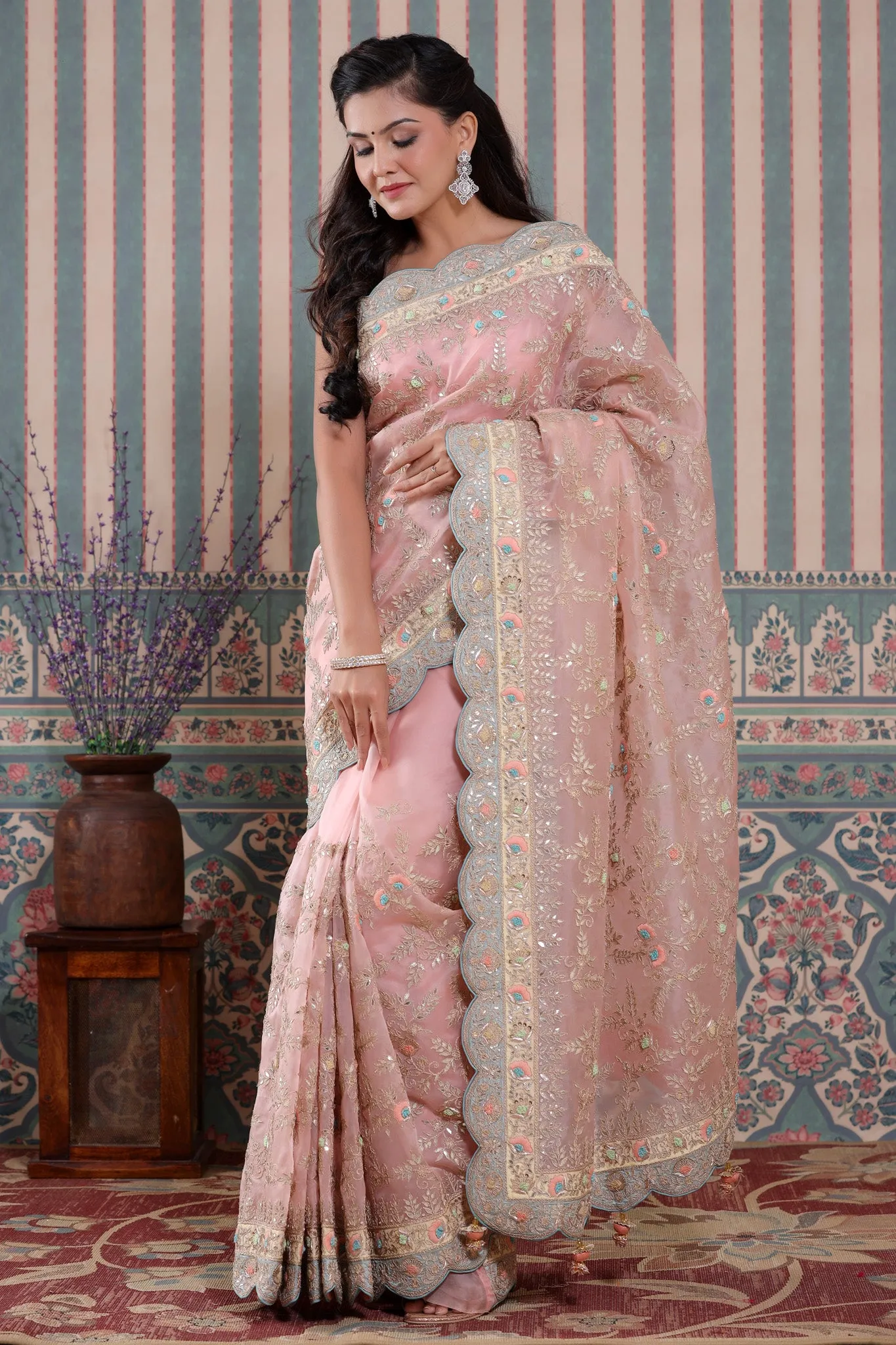 90Z561-RO Light Pink Embroidered Organza Saree with Scalloped Border