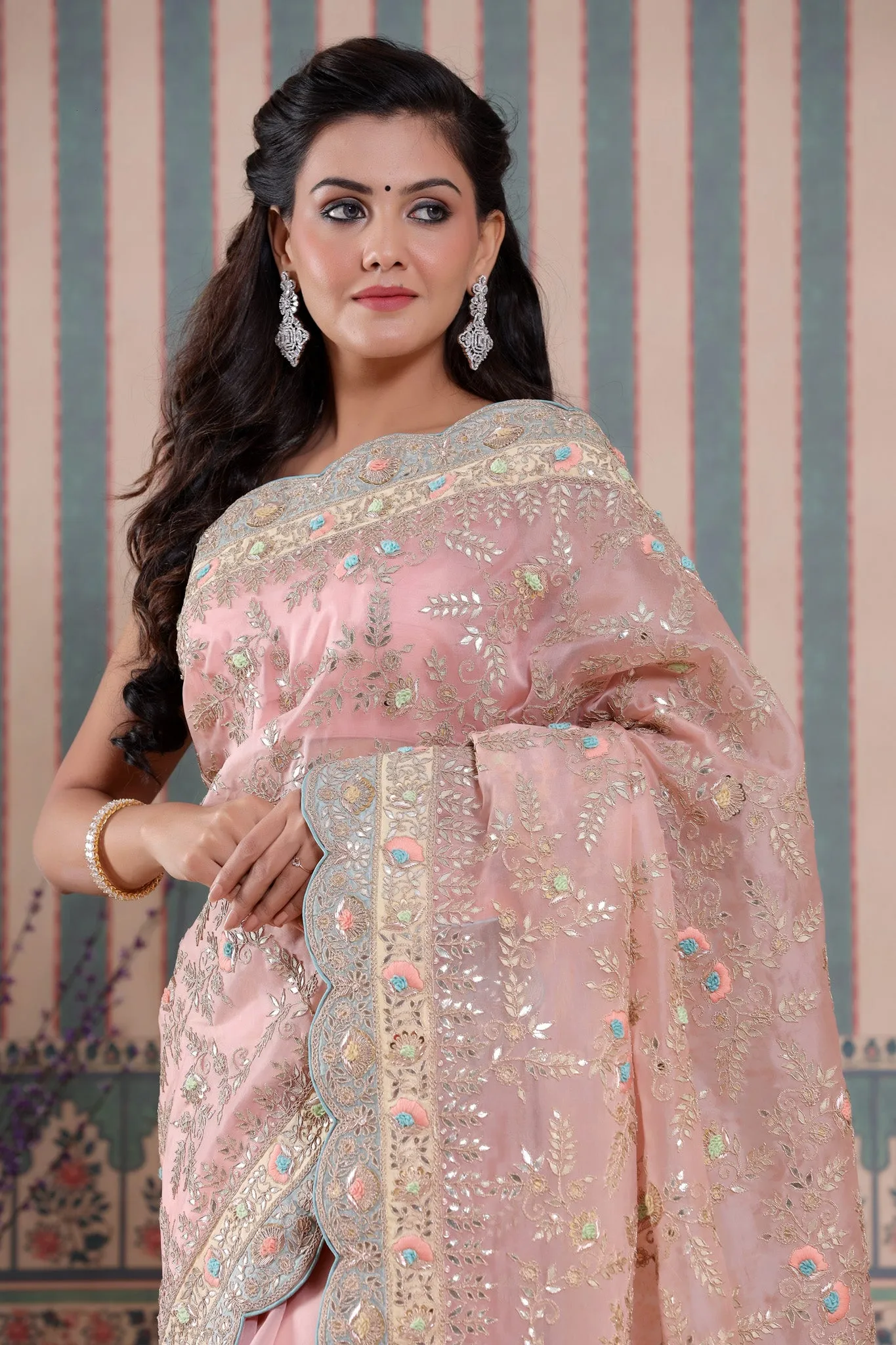 90Z561-RO Light Pink Embroidered Organza Saree with Scalloped Border