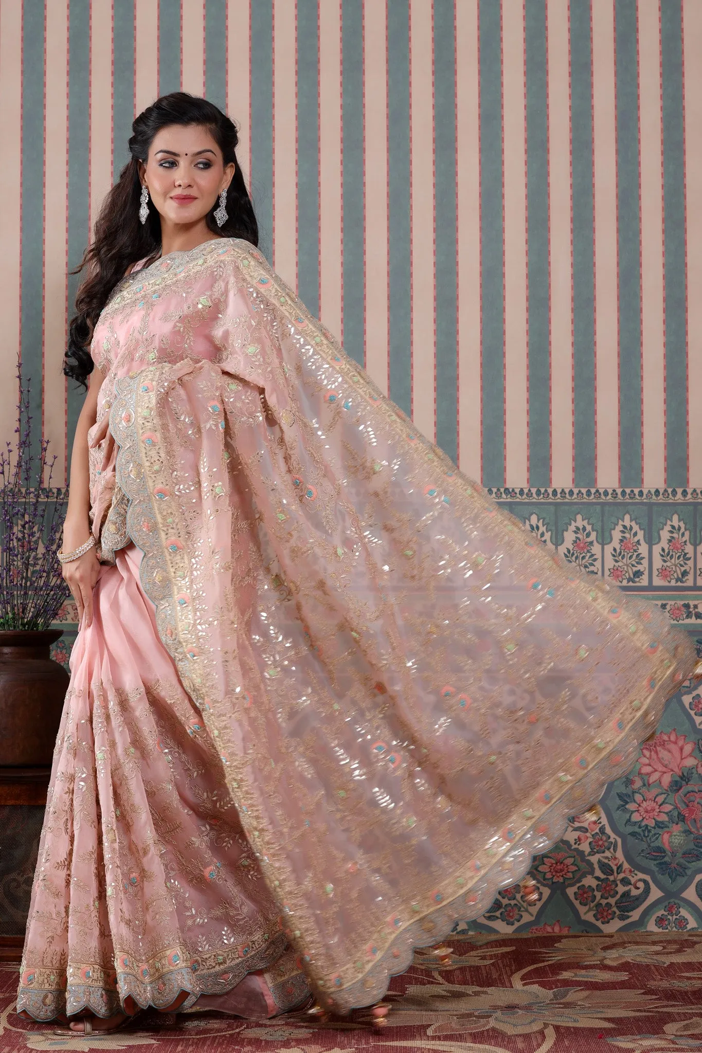 90Z561-RO Light Pink Embroidered Organza Saree with Scalloped Border