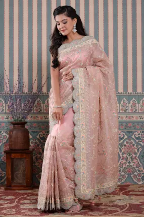 90Z561-RO Light Pink Embroidered Organza Saree with Scalloped Border