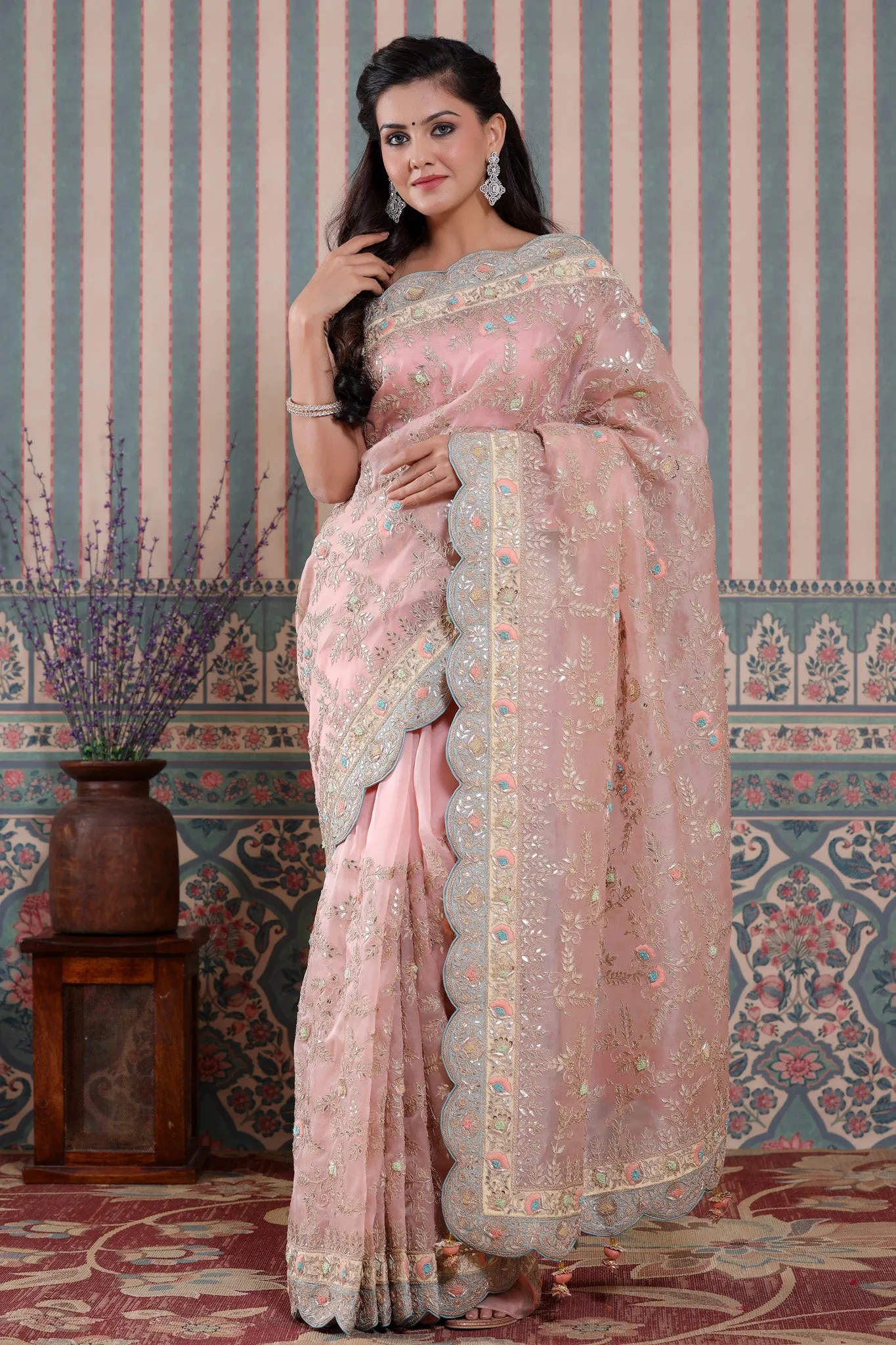 90Z561-RO Light Pink Embroidered Organza Saree with Scalloped Border