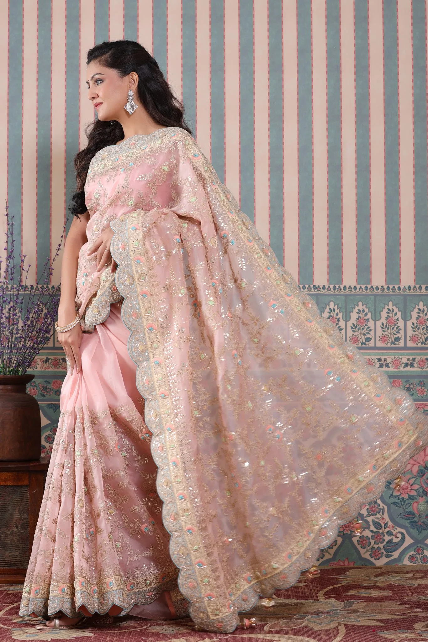 90Z561-RO Light Pink Embroidered Organza Saree with Scalloped Border