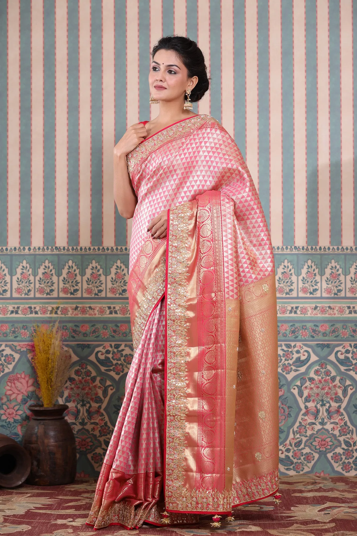 90Z596-RO Pink Banarasi Silk Saree with Gota Embroidery Border