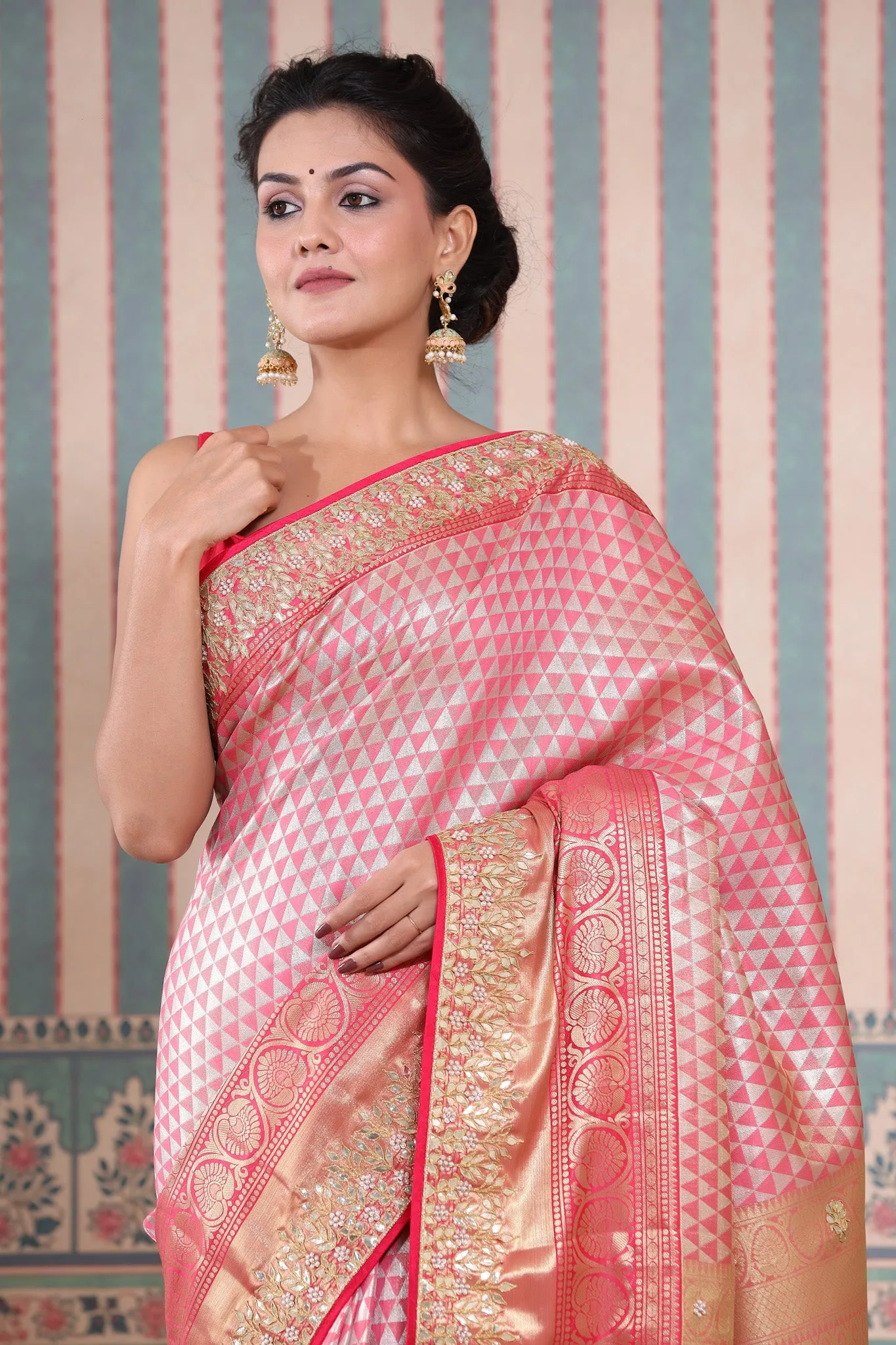 90Z596-RO Pink Banarasi Silk Saree with Gota Embroidery Border