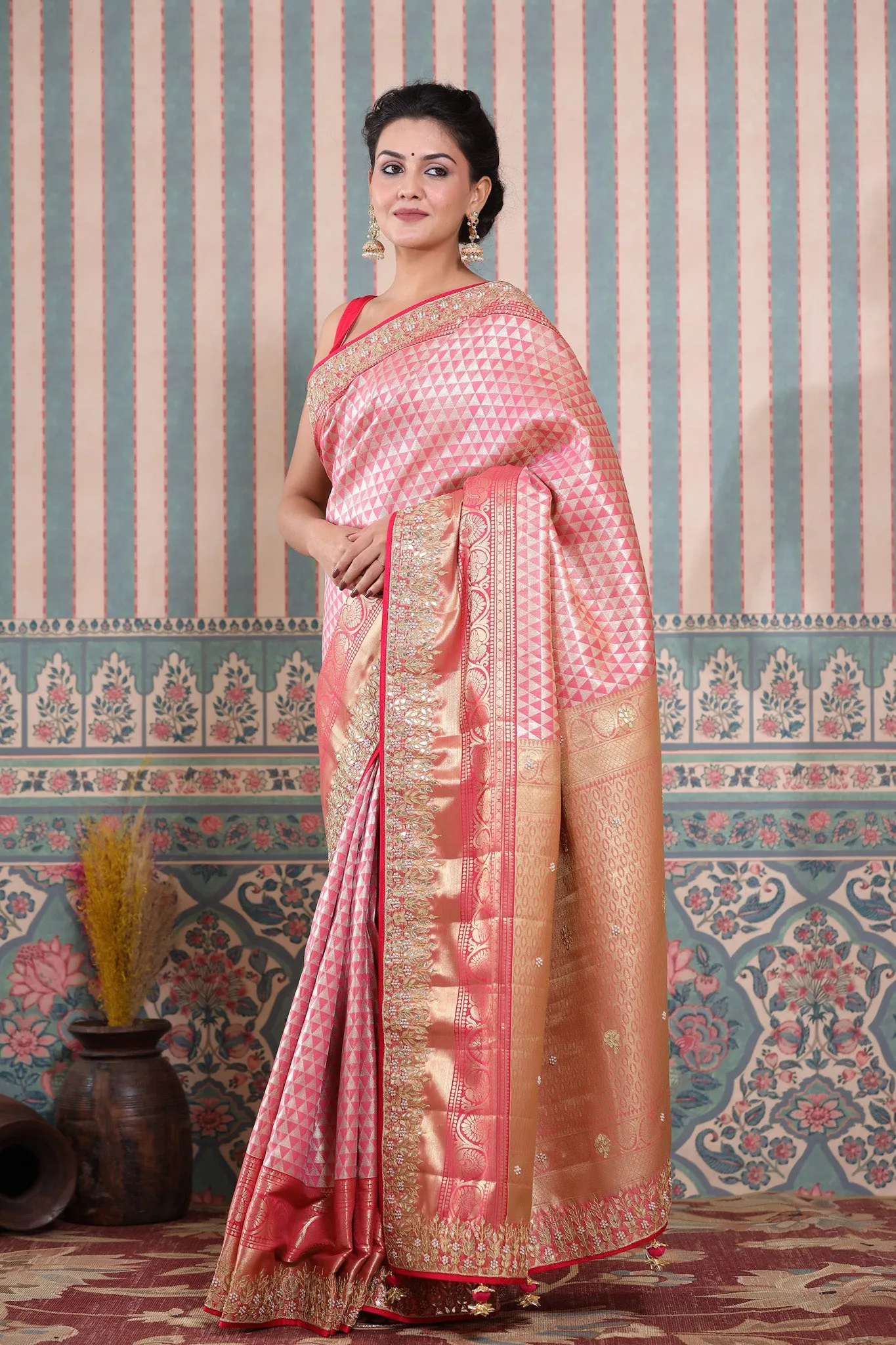 90Z596-RO Pink Banarasi Silk Saree with Gota Embroidery Border