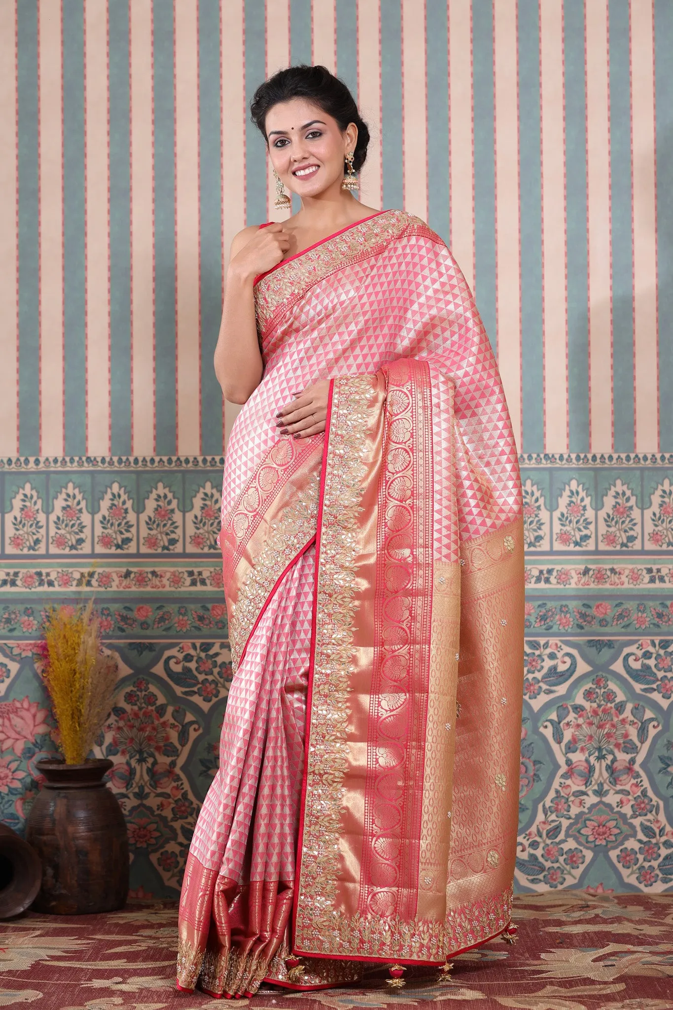 90Z596-RO Pink Banarasi Silk Saree with Gota Embroidery Border