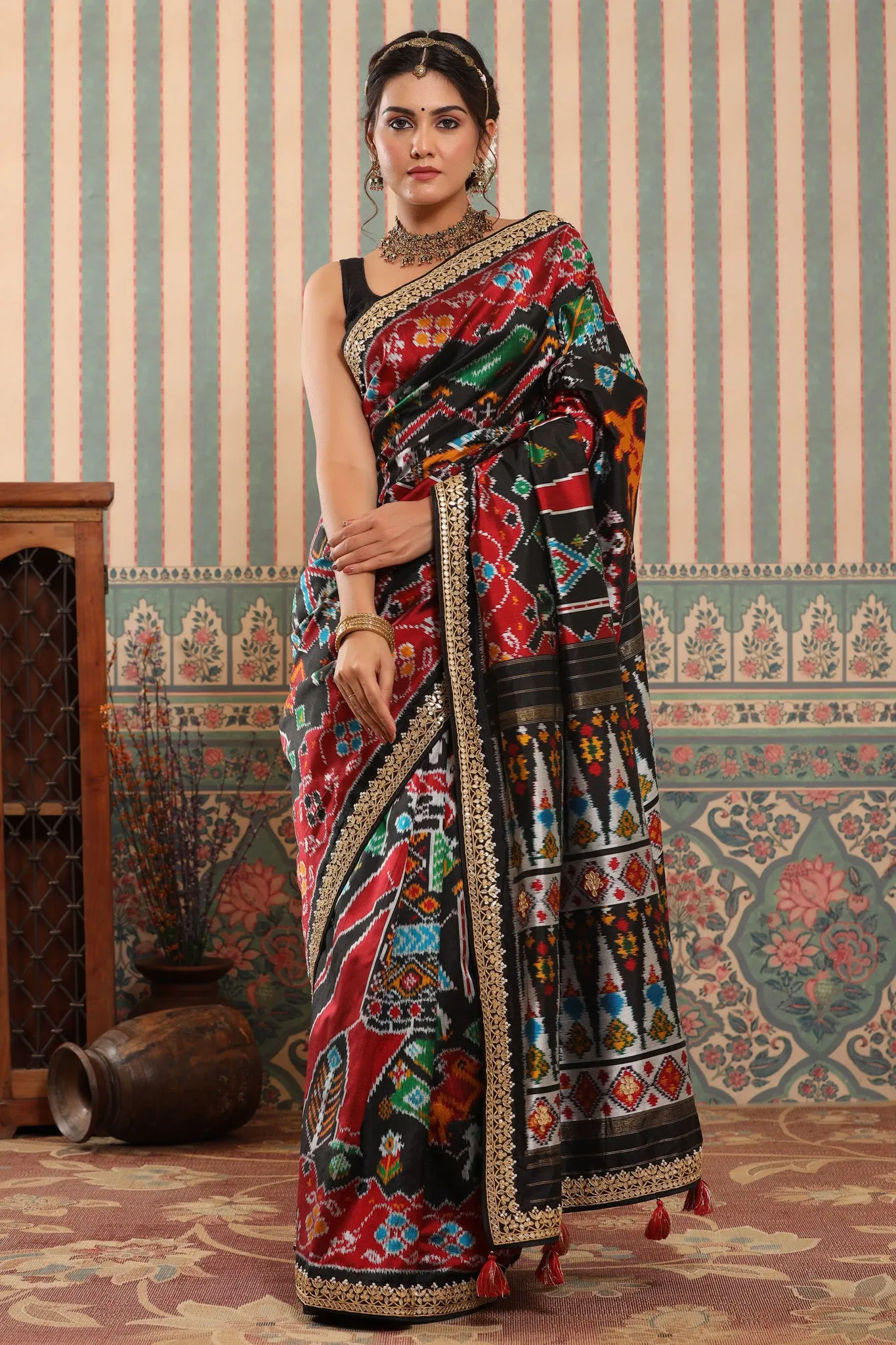 90Z649-RO Black Multicolor Patola Saree with Embroidered Border