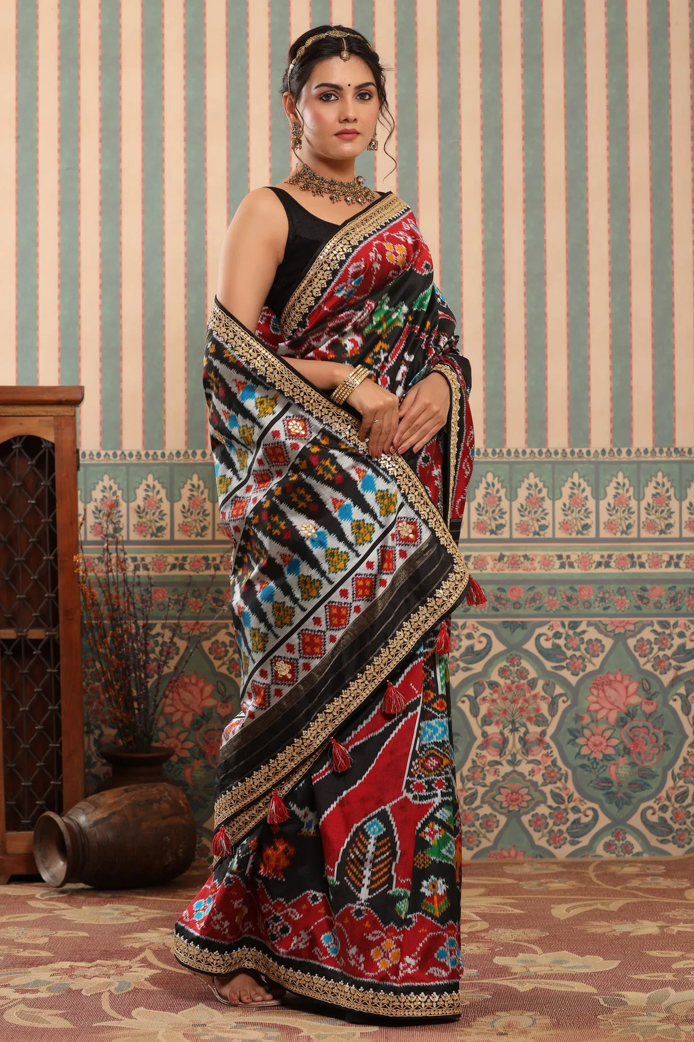 90Z649-RO Black Multicolor Patola Saree with Embroidered Border