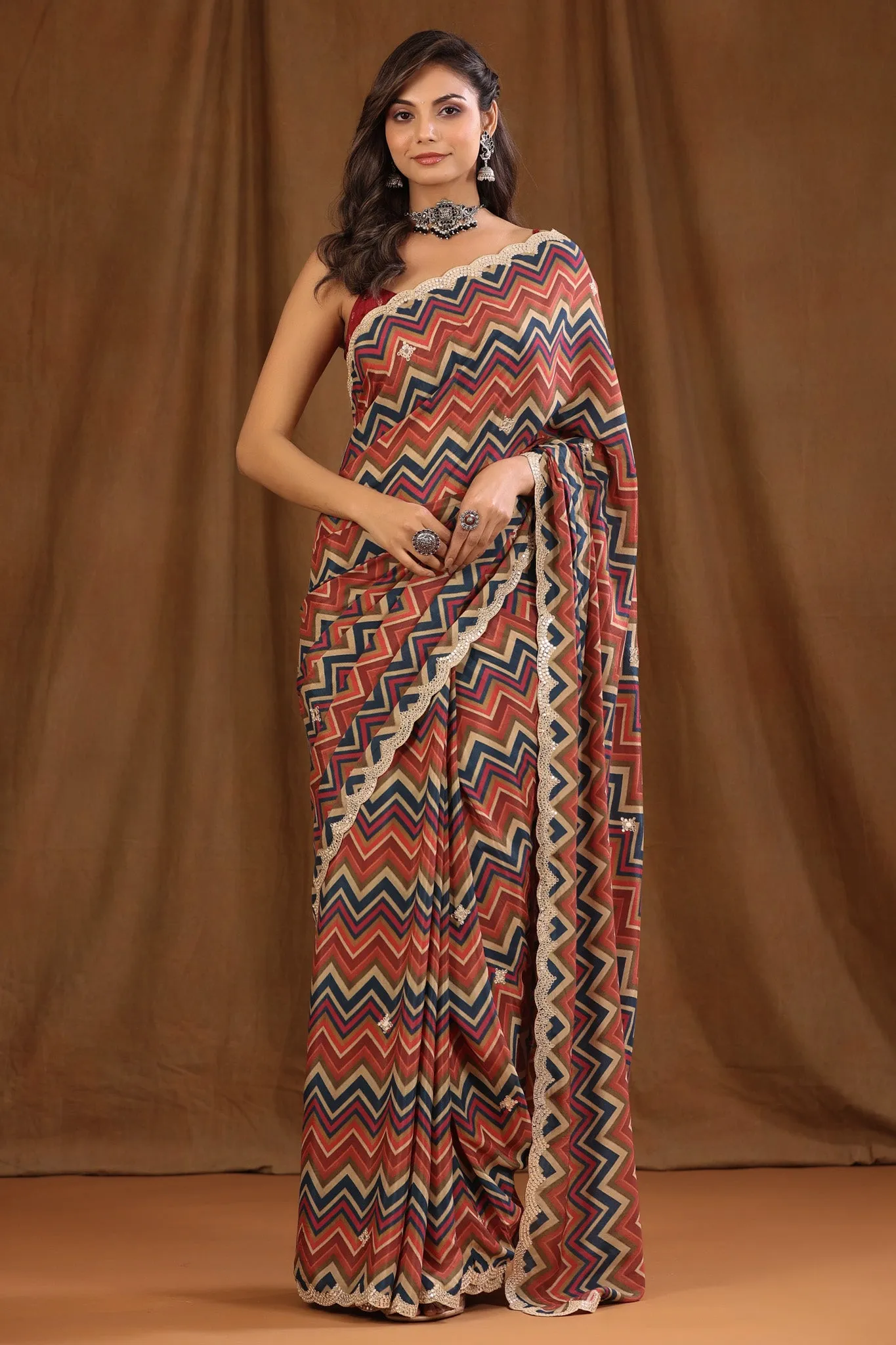 90Z704-NRO Multicolor Chevron Pattern Crepe Georgette Sari