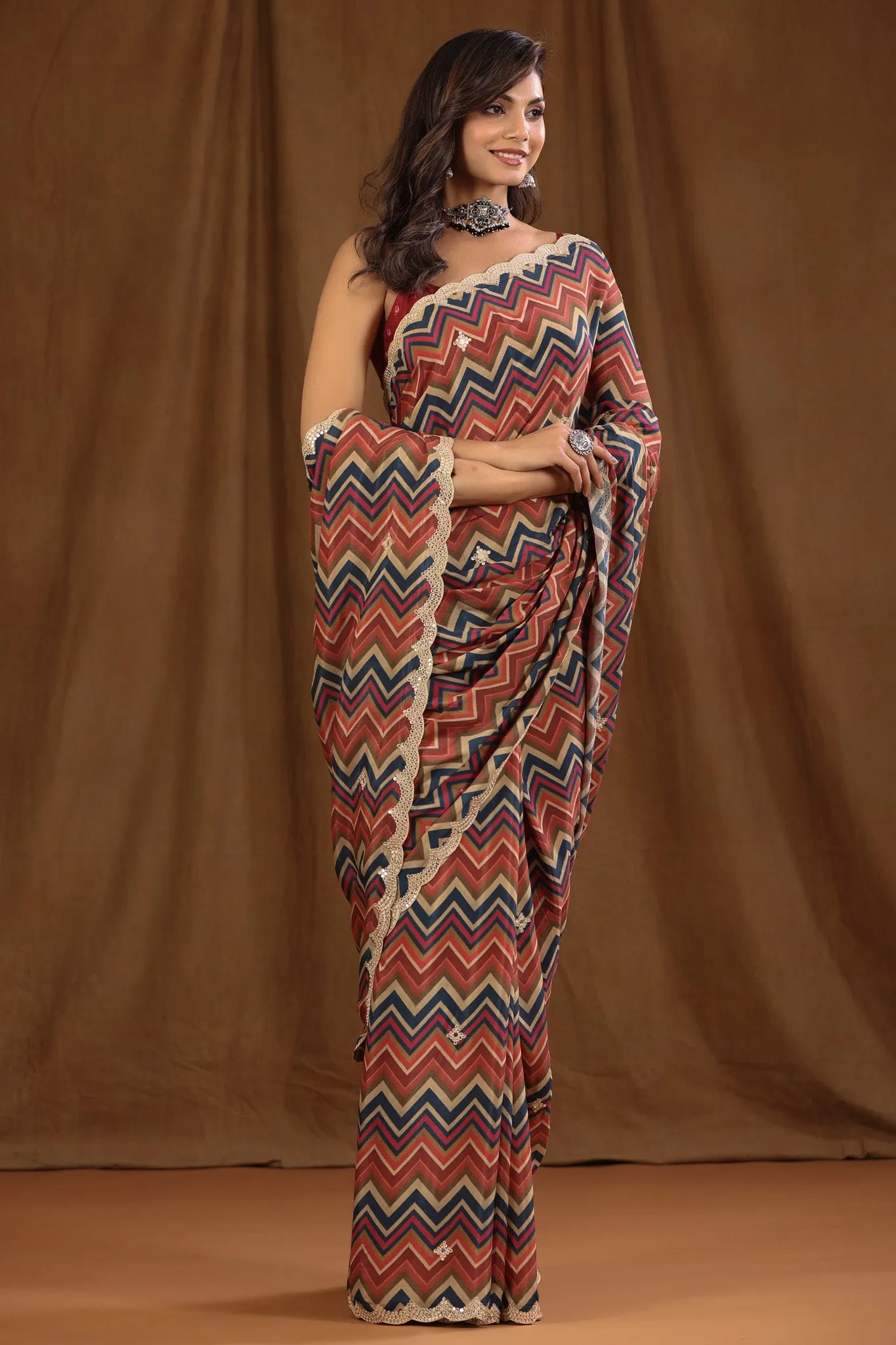 90Z704-NRO Multicolor Chevron Pattern Crepe Georgette Sari