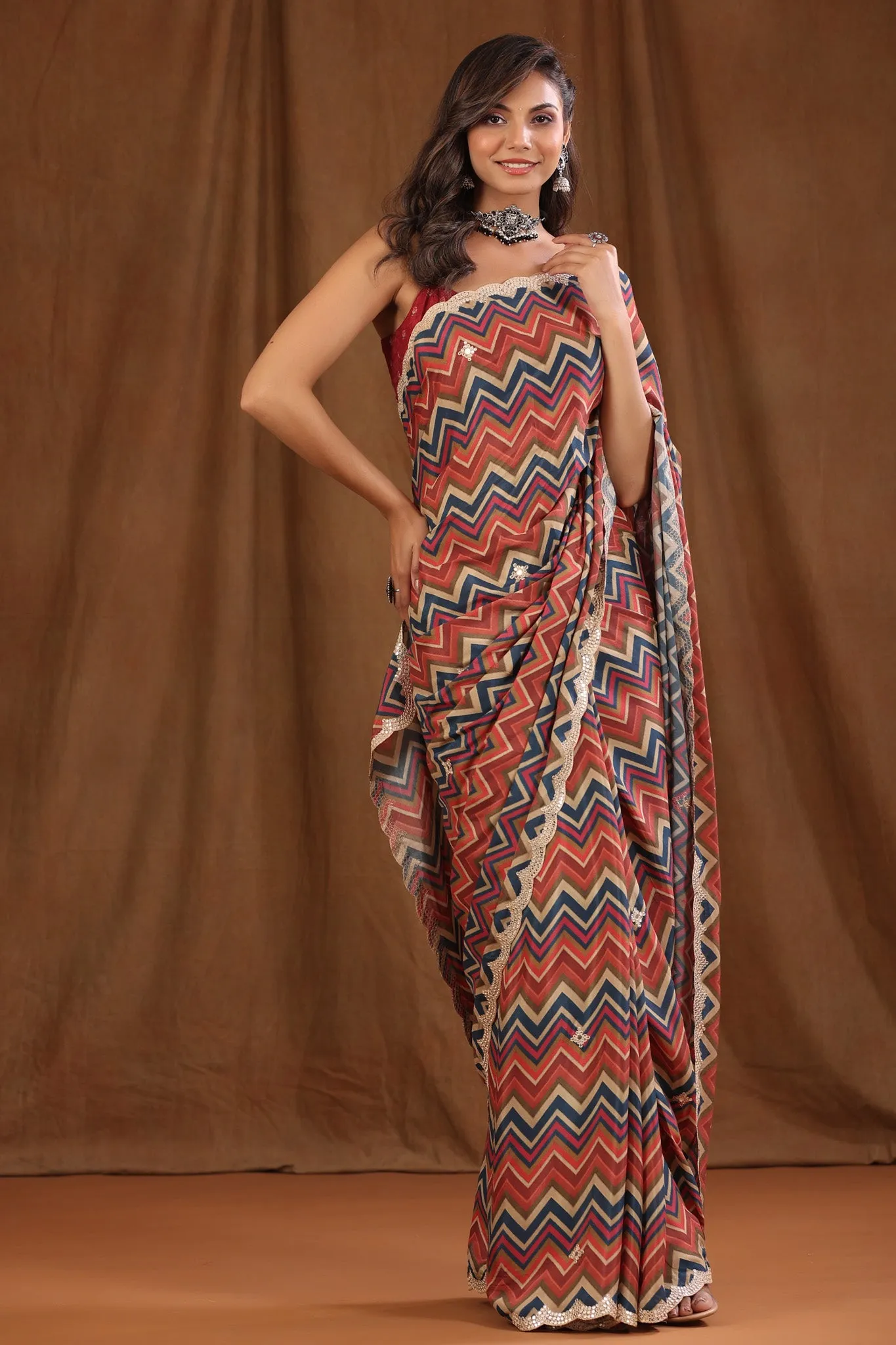 90Z704-NRO Multicolor Chevron Pattern Crepe Georgette Sari