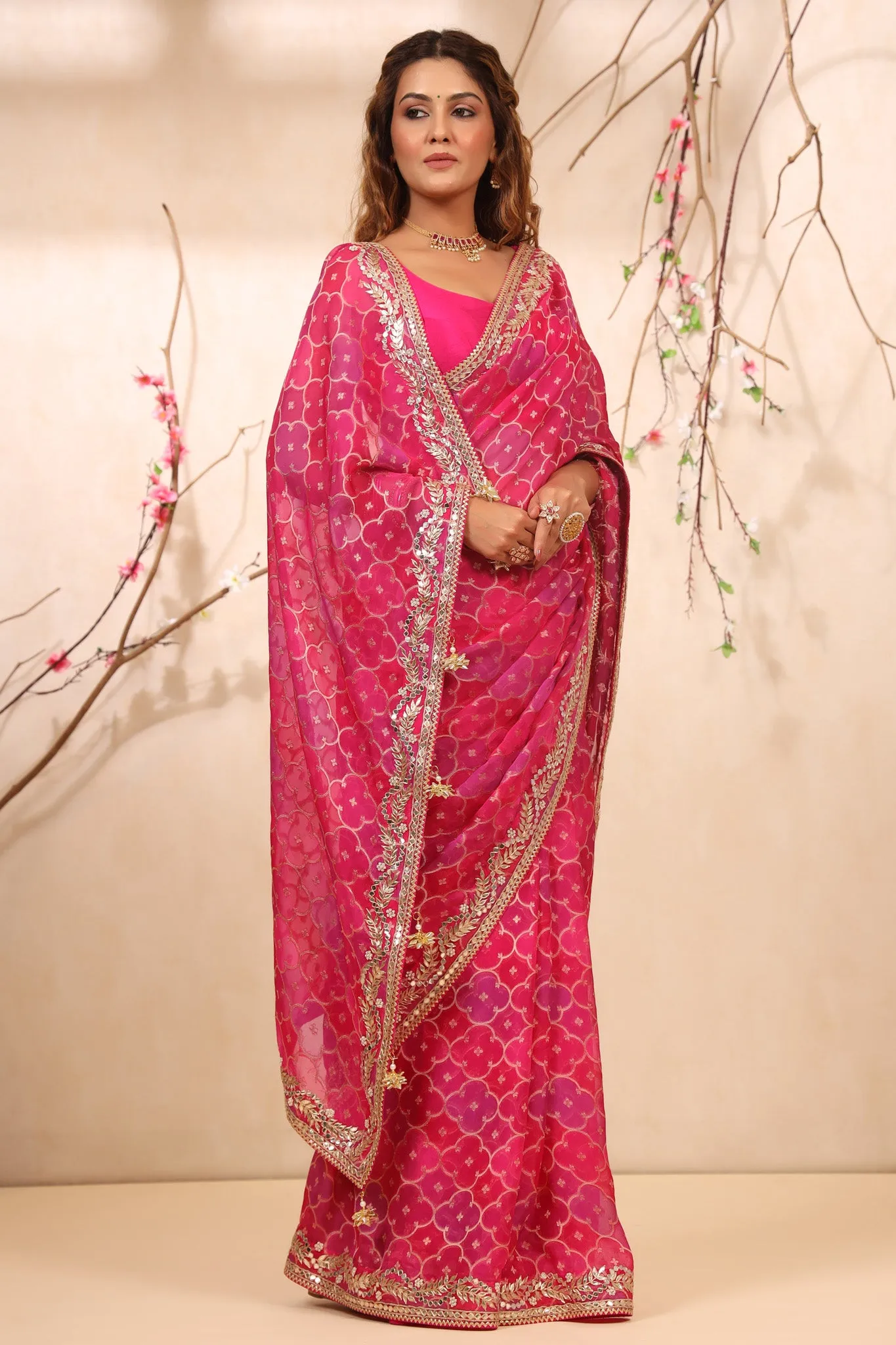 90Z729-NRO Shaded Pink Embroidered Georgette Banarasi Saree