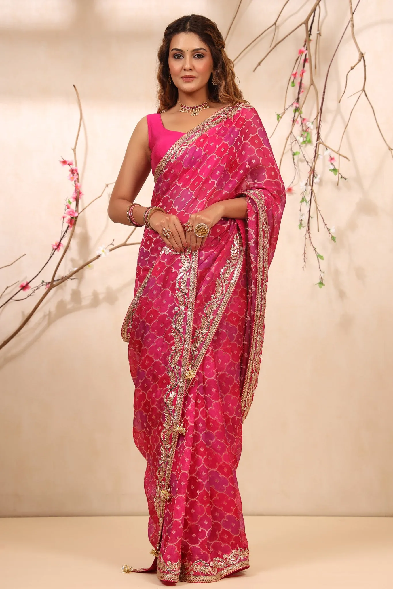 90Z729-NRO Shaded Pink Embroidered Georgette Banarasi Saree