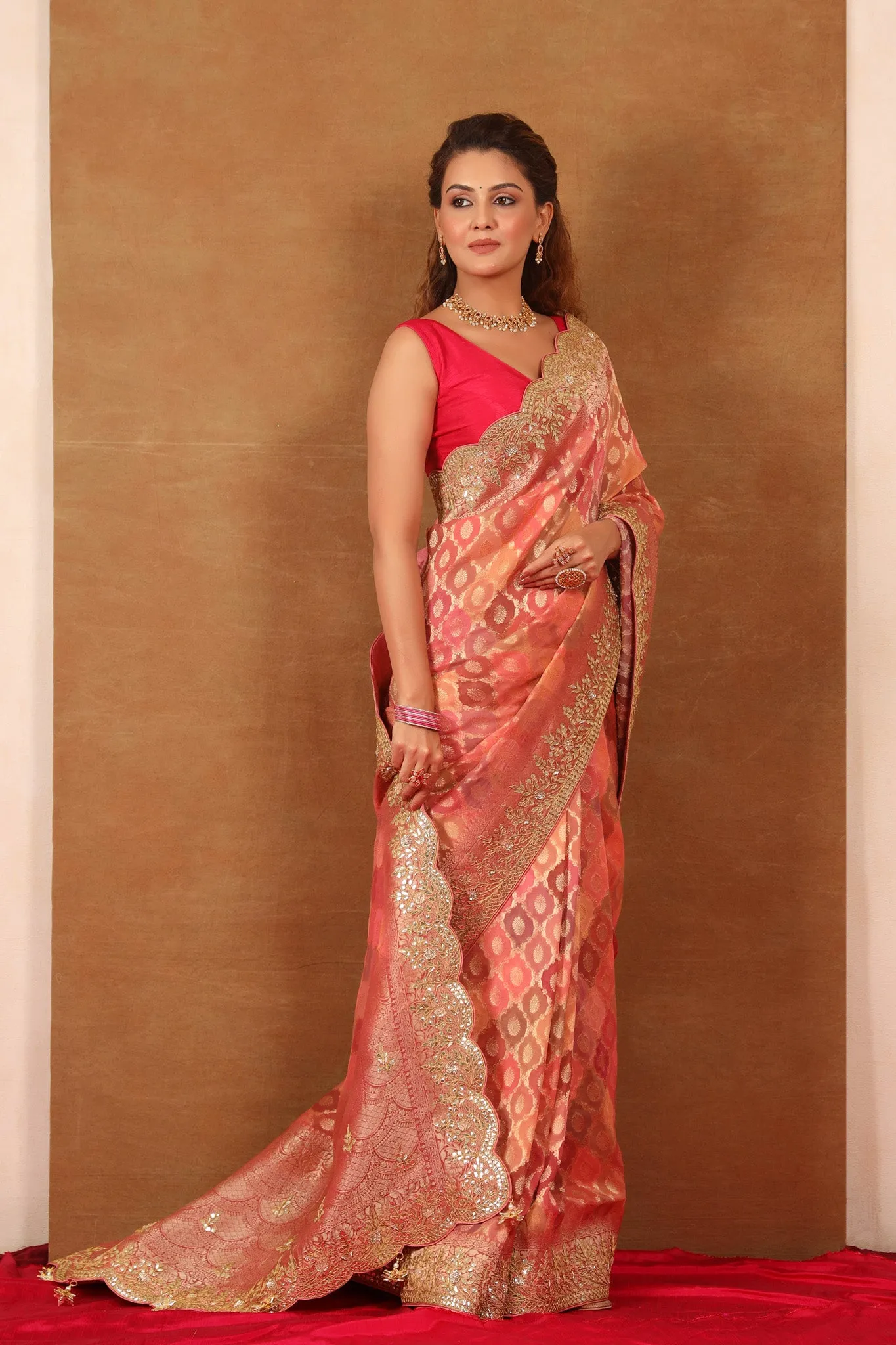 90Z731-NRO Peach Mashru Silk Saree with Embroidered Border