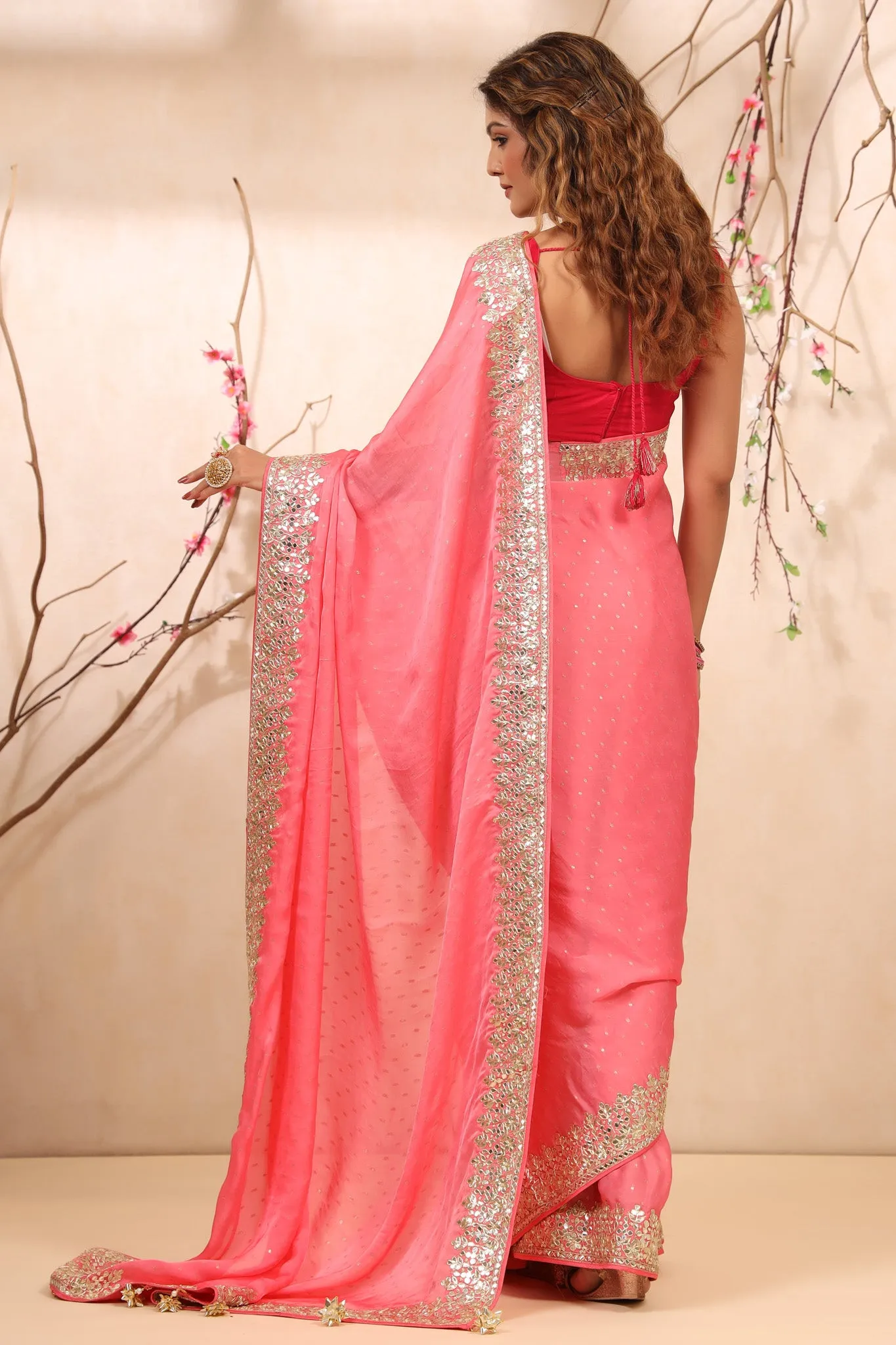 90Z737-RO Pastel Pink Embroidered Tussar Georgette Saree