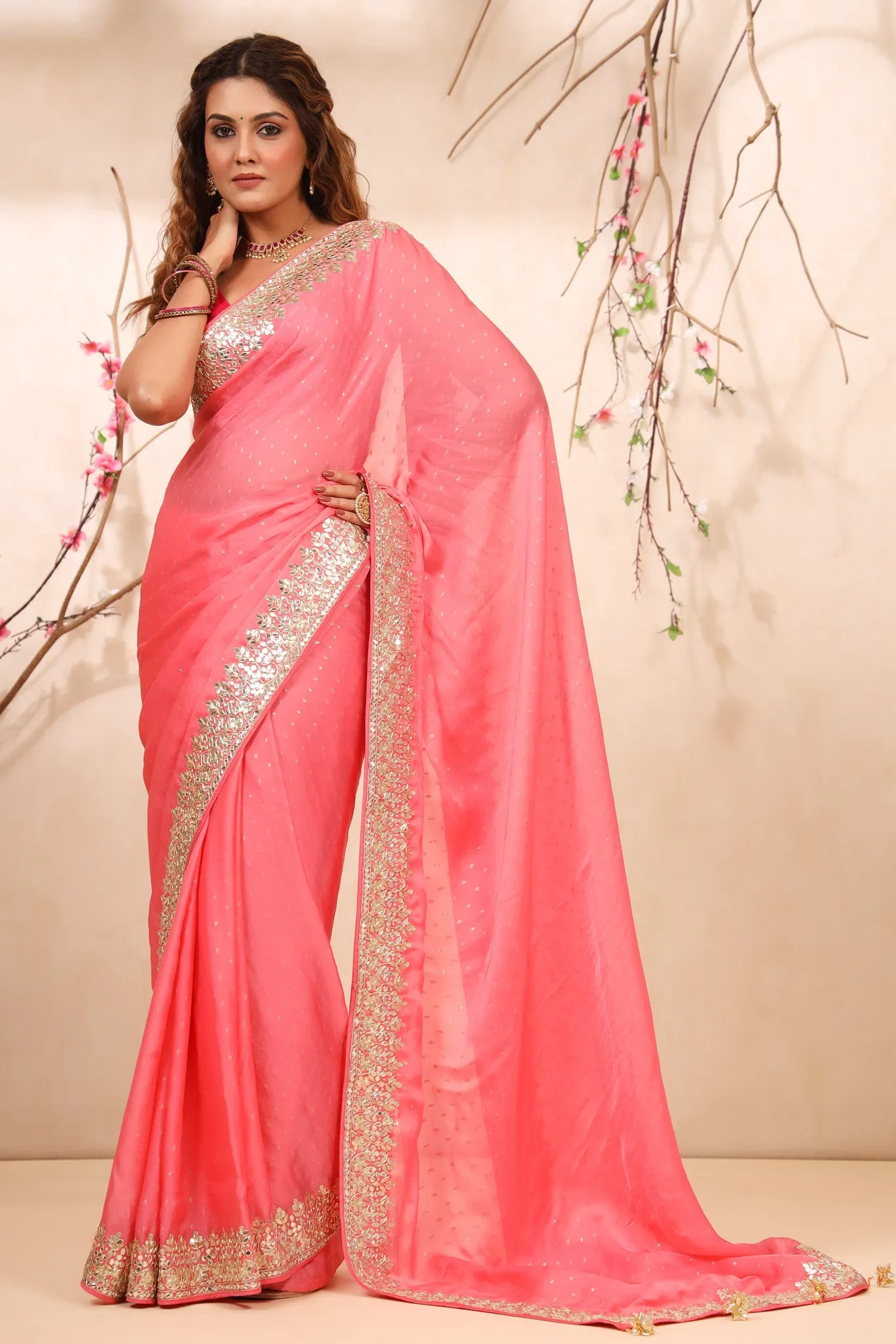 90Z737-RO Pastel Pink Embroidered Tussar Georgette Saree