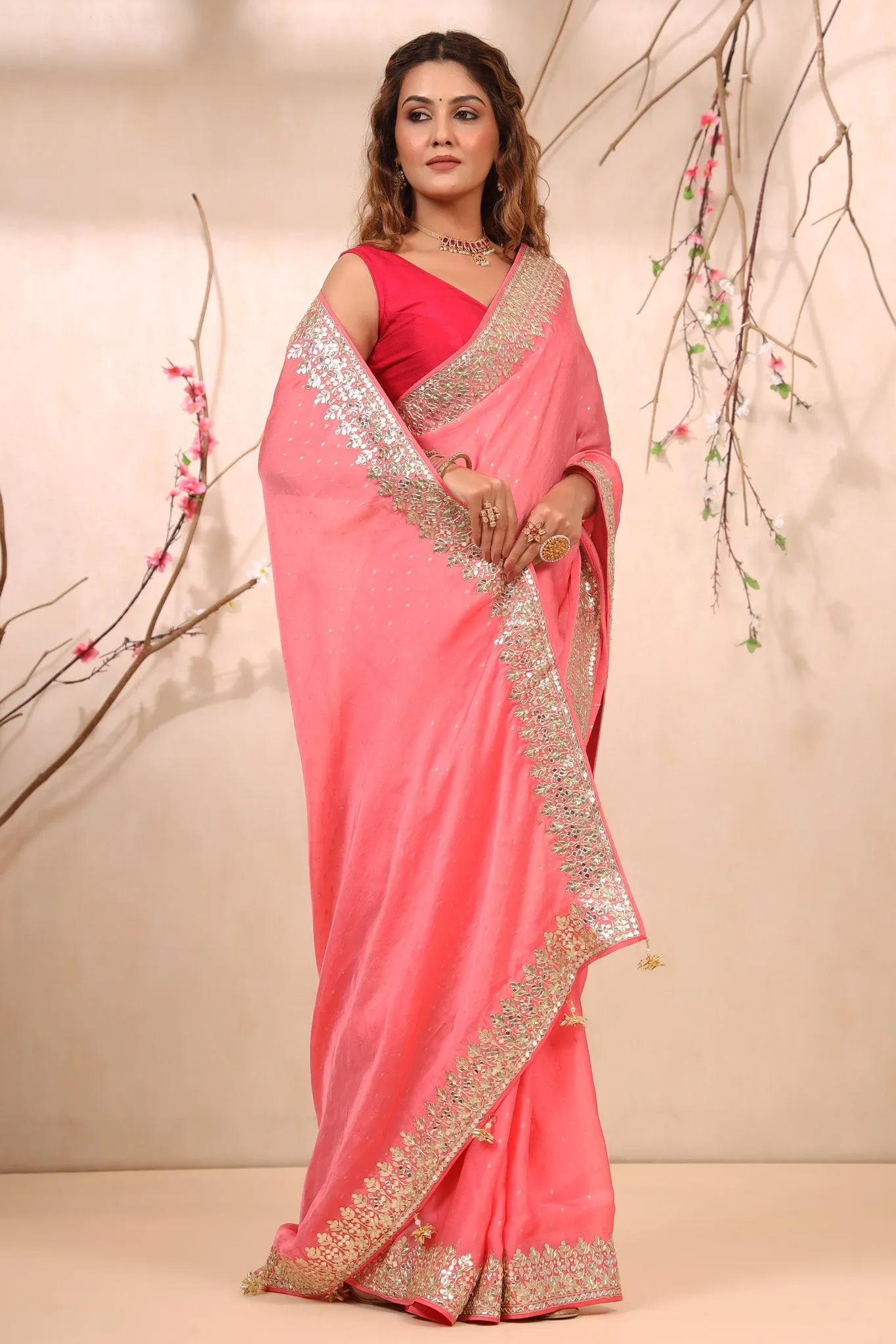 90Z737-RO Pastel Pink Embroidered Tussar Georgette Saree