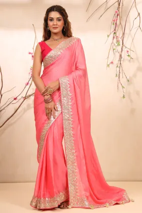 90Z737-RO Pastel Pink Embroidered Tussar Georgette Saree