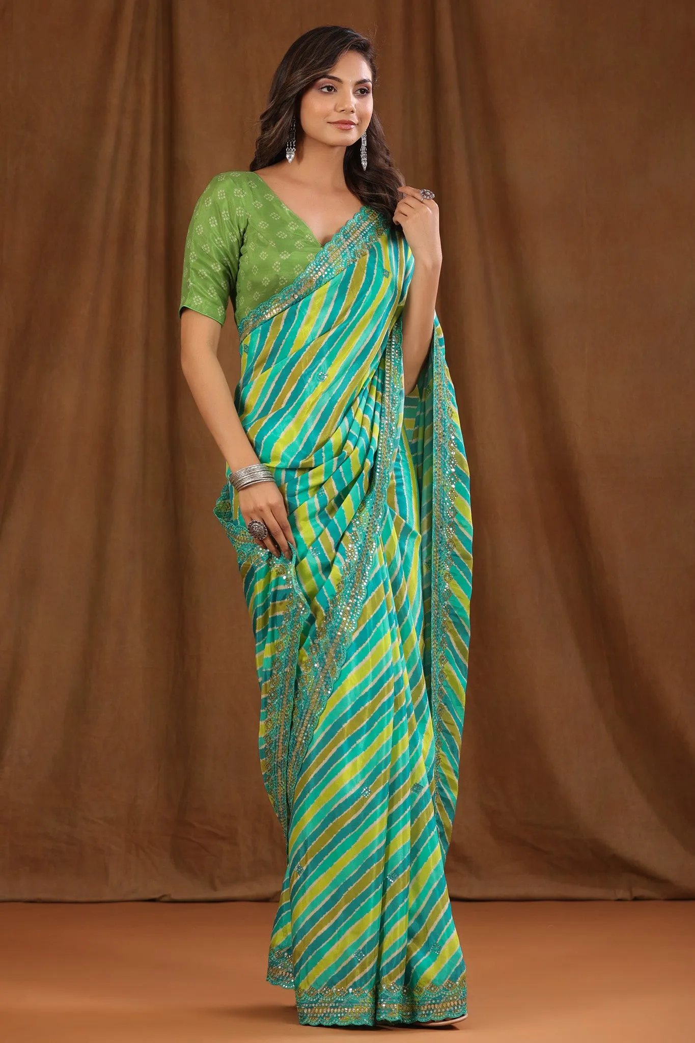 90Z782-NRO Green Stripes Crepe Saree with Scalloped Border