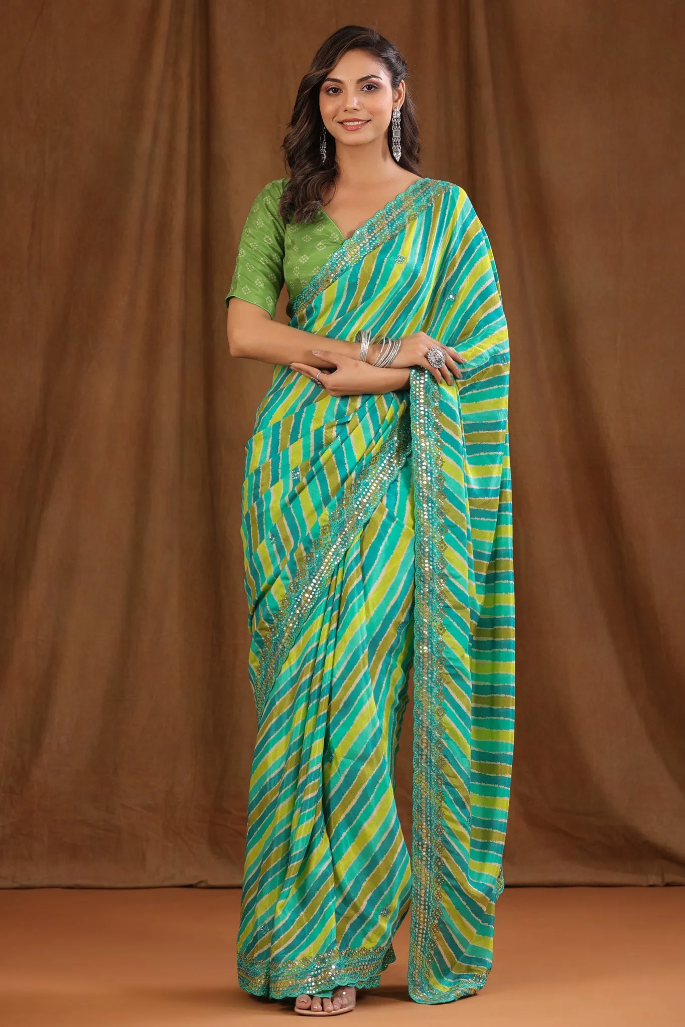 90Z782-NRO Green Stripes Crepe Saree with Scalloped Border