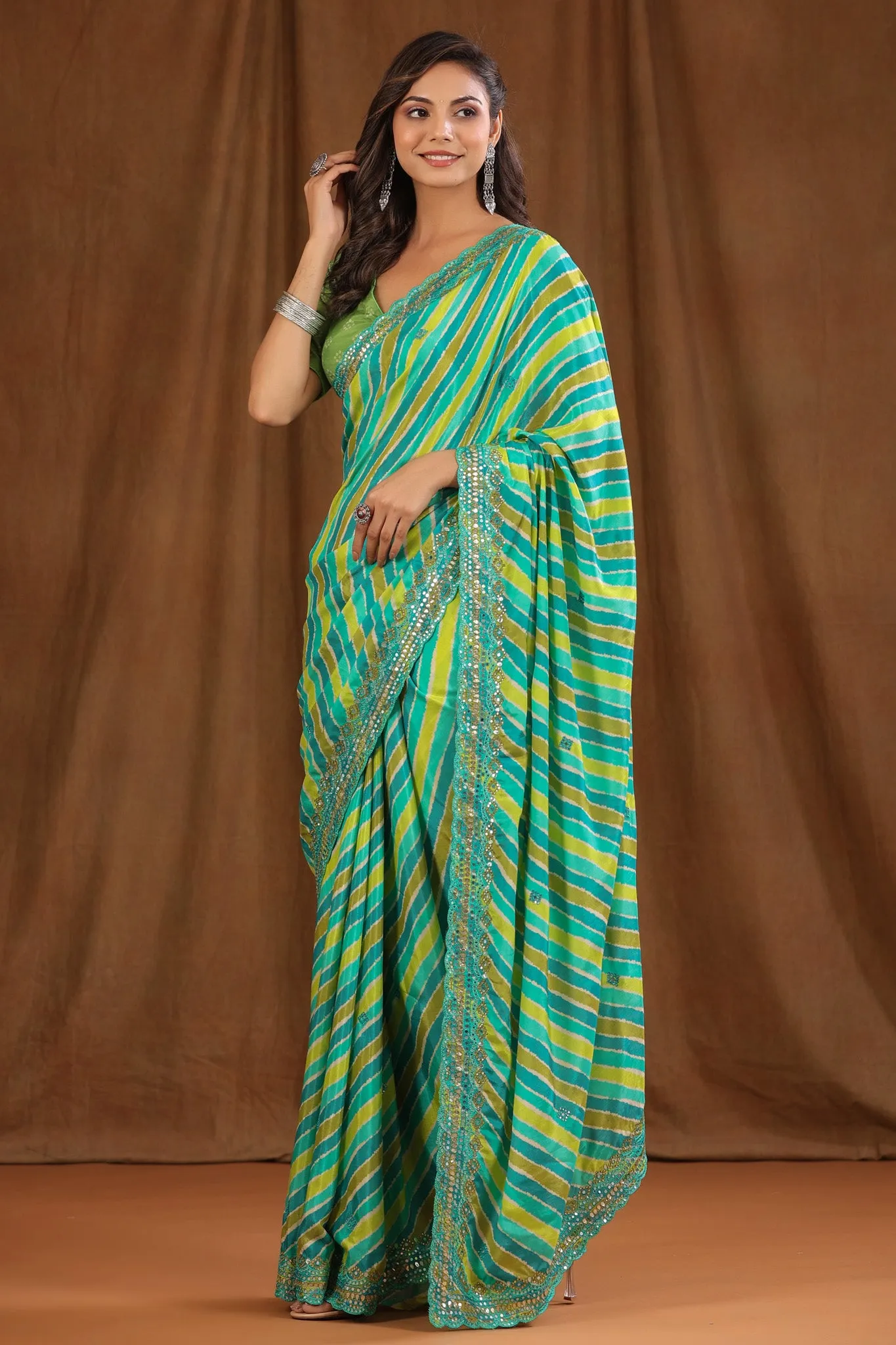 90Z782-NRO Green Stripes Crepe Saree with Scalloped Border