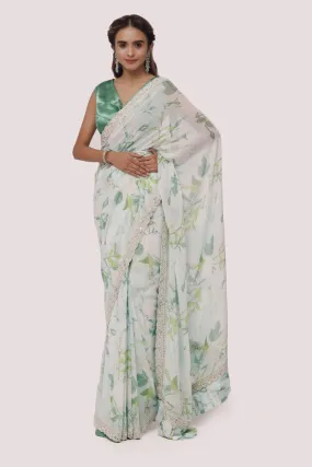 90Z830-RO Sea Green Georgette Print Saree With Blouse